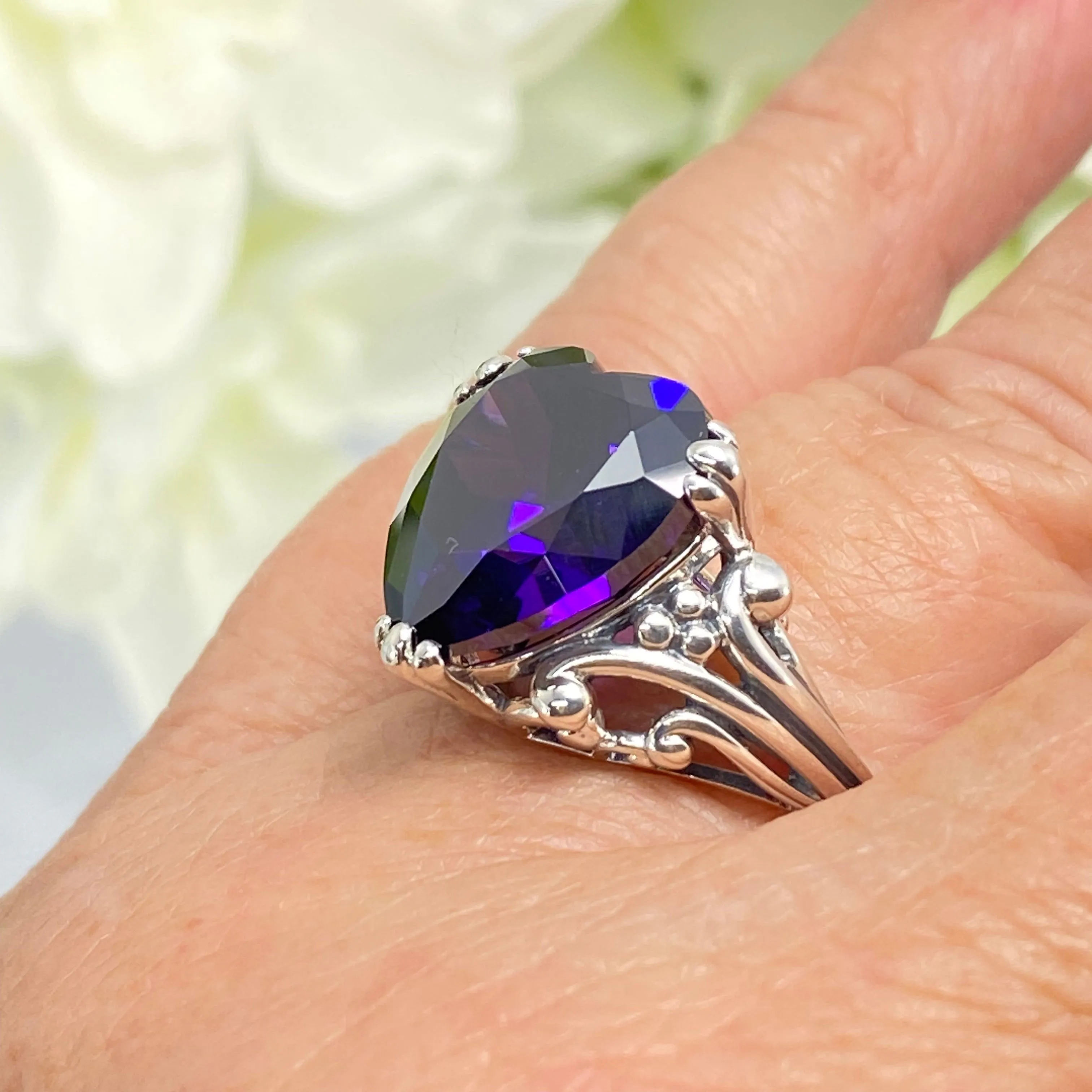 Purple Amethyst CZ Heart Ring, Size 9, Art Deco Jewelry Design#D213 - Ready to Ship