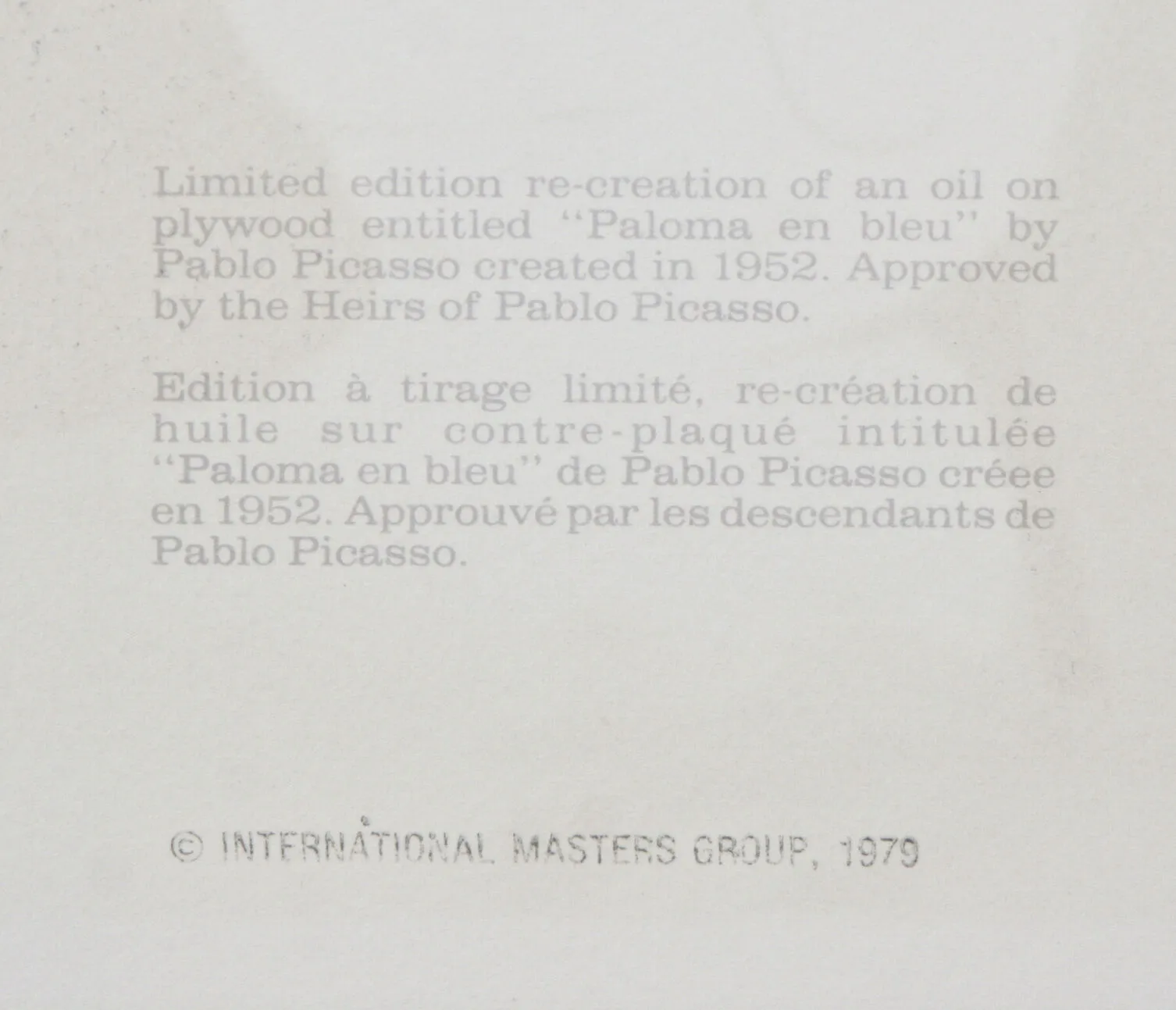 "Paloma un Bleu" from Marina Picasso Estate Ltd Edition of 500 Litho 29.5"x21.5"