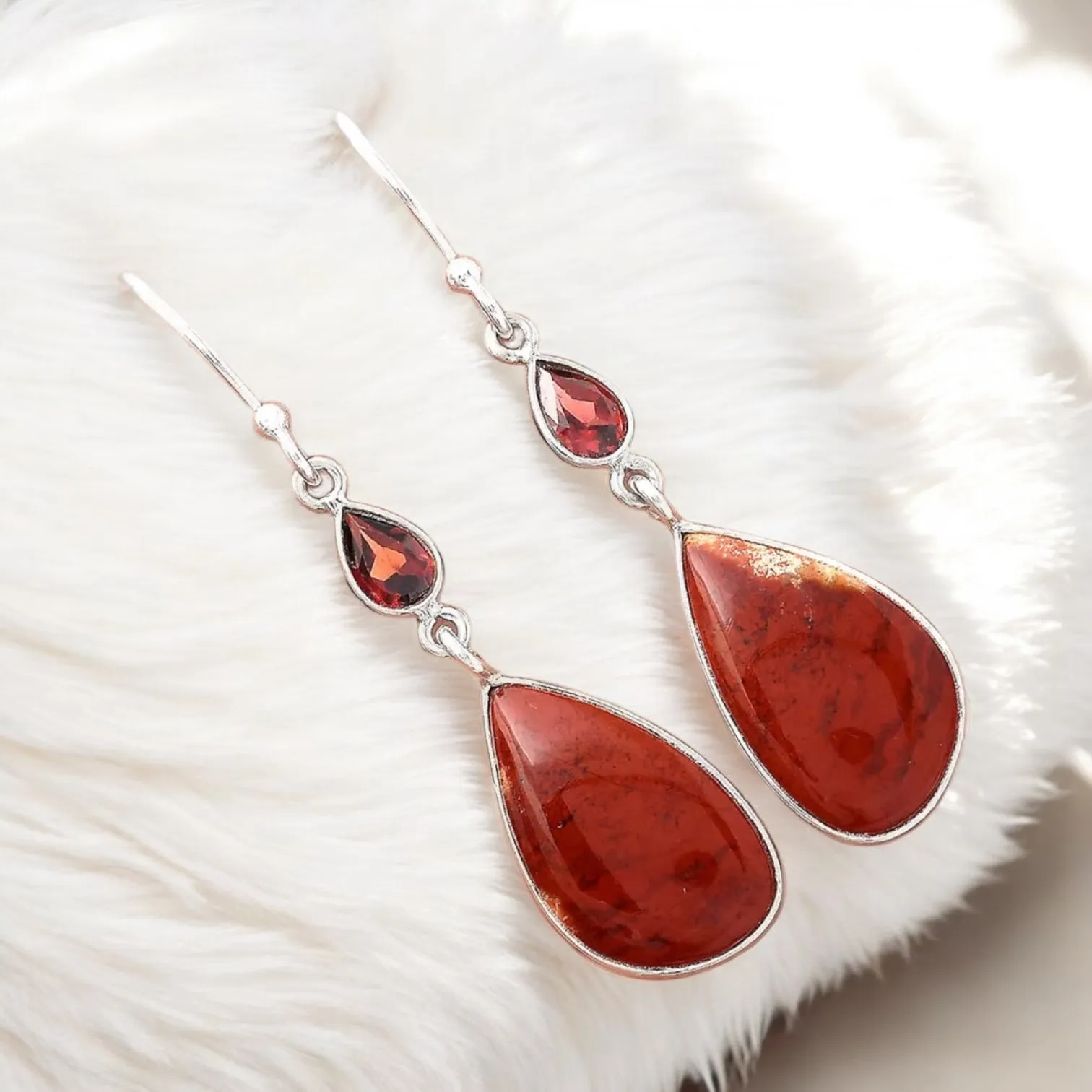 Red Moss Agate & Garnet Solid 925 Sterling Silver Earrings