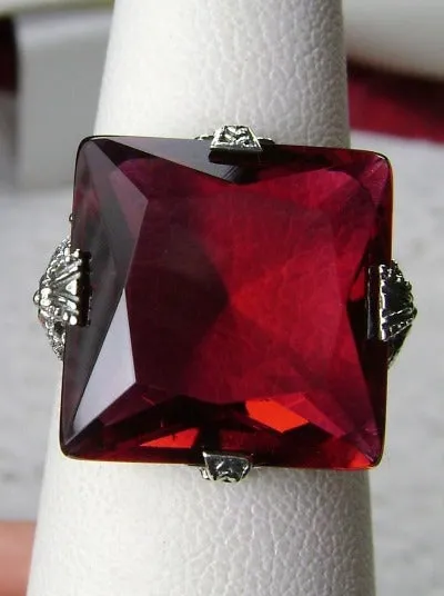 Red Ruby Ring, 12ct Square Gem, Victorian Jewelry #D77