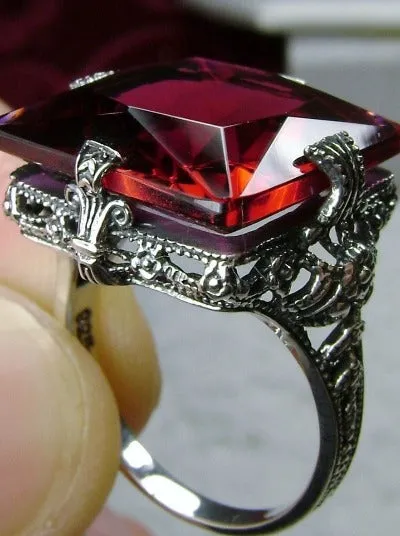 Red Ruby Ring, 12ct Square Gem, Victorian Jewelry #D77