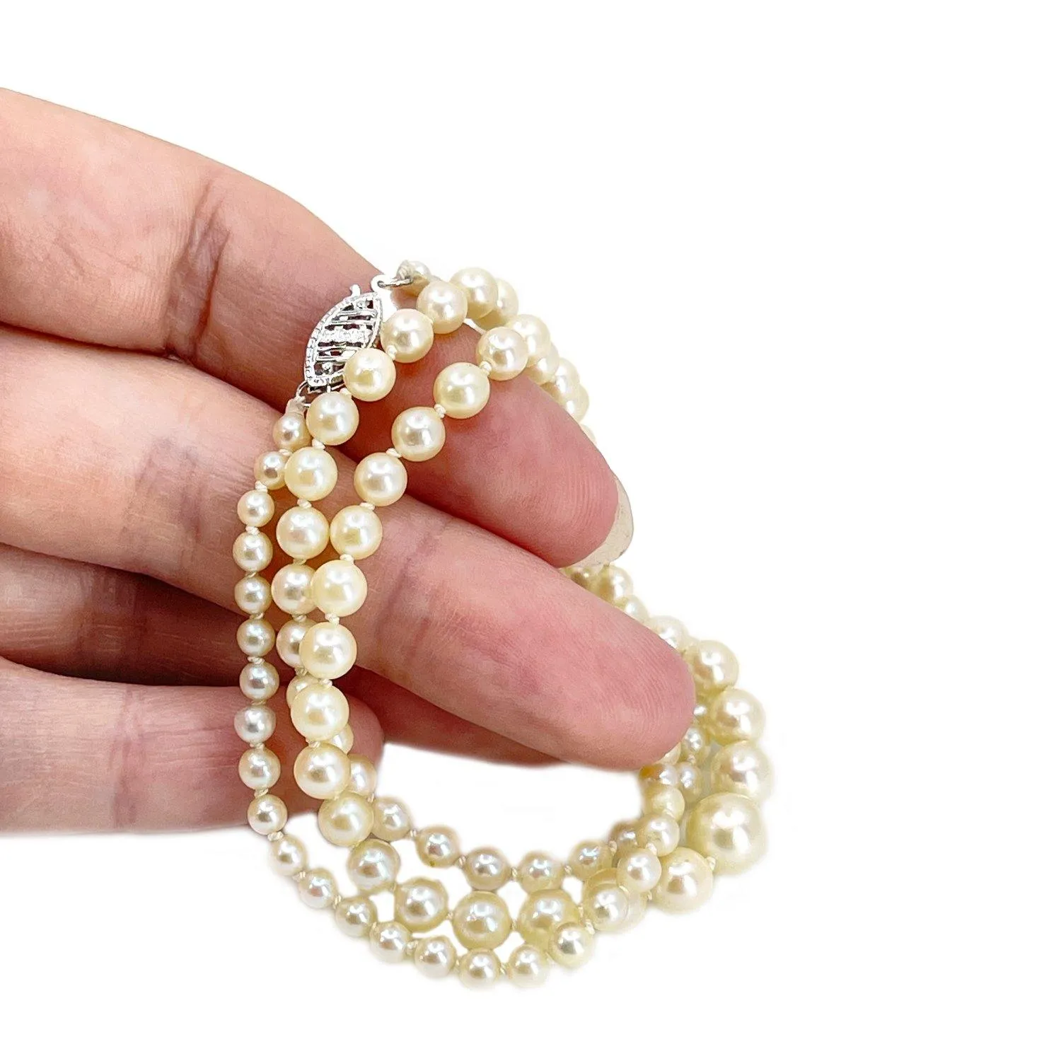 Retro Graduated Japanese Saltwater Cultured Akoya Pearl Filigree Necklace - 14K White Gold 20.25 Inch