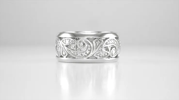 Retro Moderne Scrolls and Leaves Filigree Wide Band Ring in Sterling Silver | 8.5mm Wide