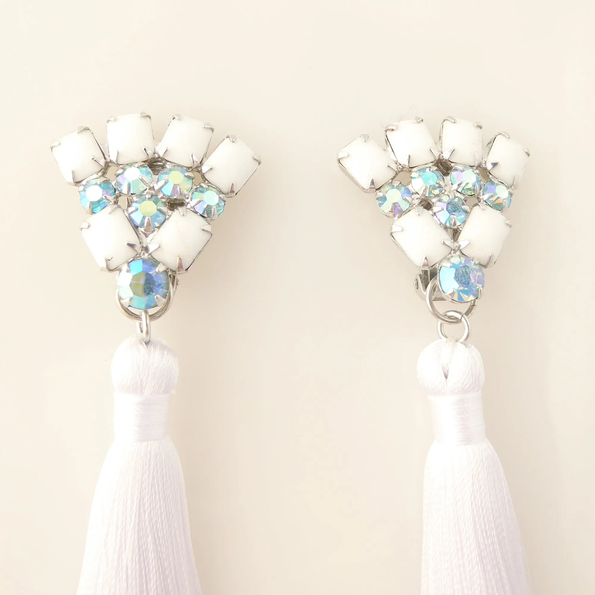 Rhinestone fan and silk tassel earrings