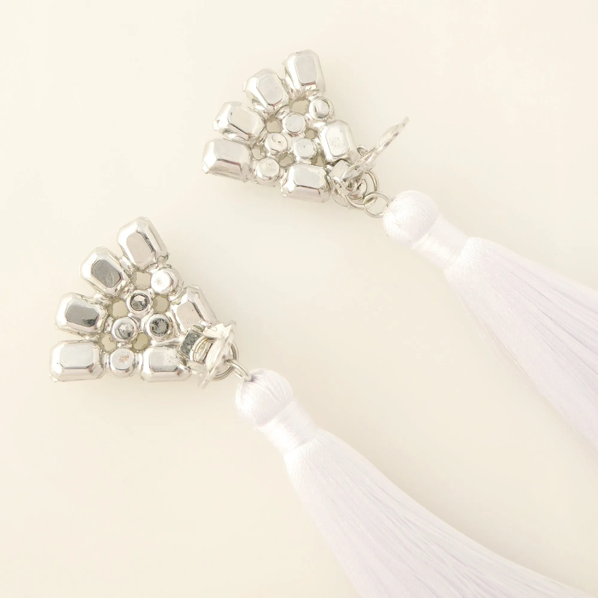 Rhinestone fan and silk tassel earrings