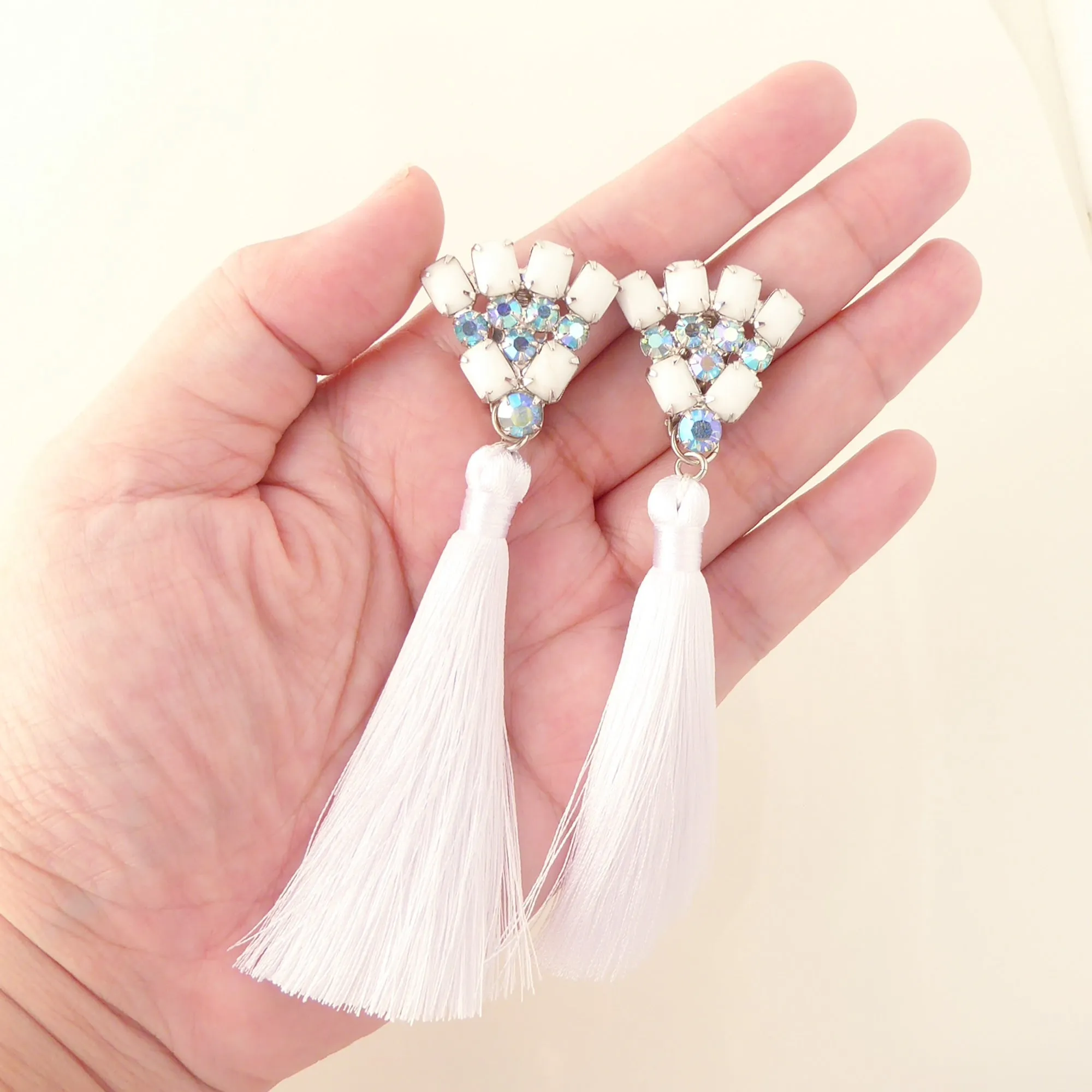 Rhinestone fan and silk tassel earrings