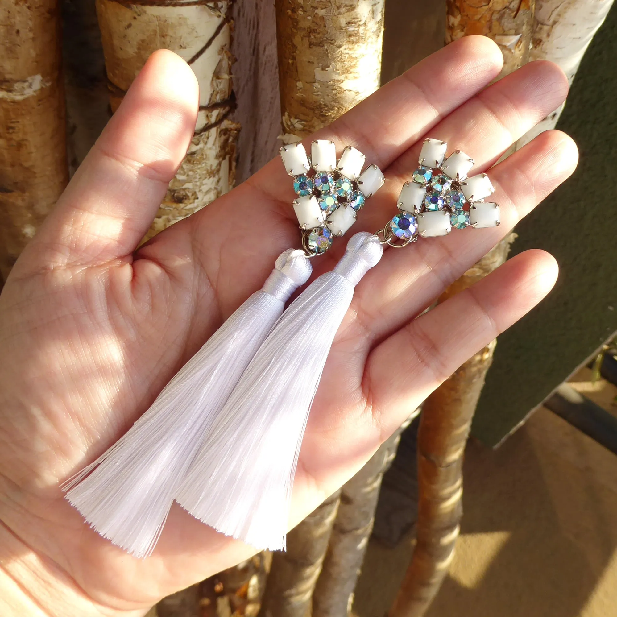 Rhinestone fan and silk tassel earrings