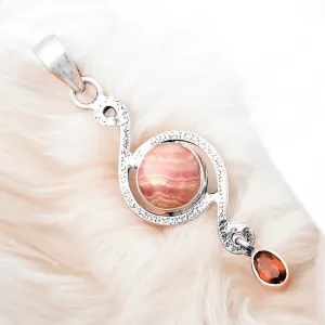 Rhodochrosite & Garnet Solid 925 Sterling Silver Pendant