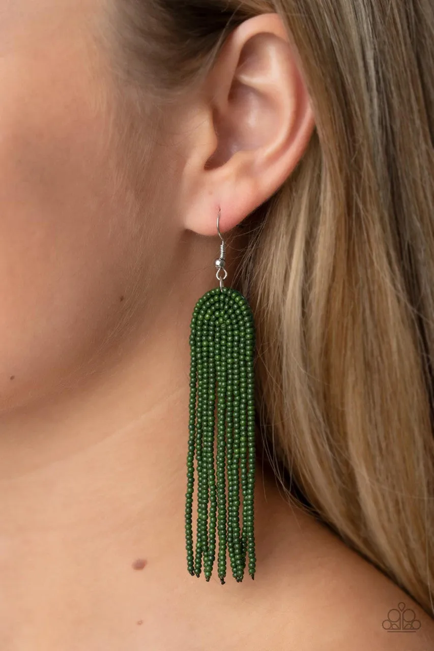 Right as RAINBOW - Green - Seed Bead Tassel Paparazzi Fishhook Earrings