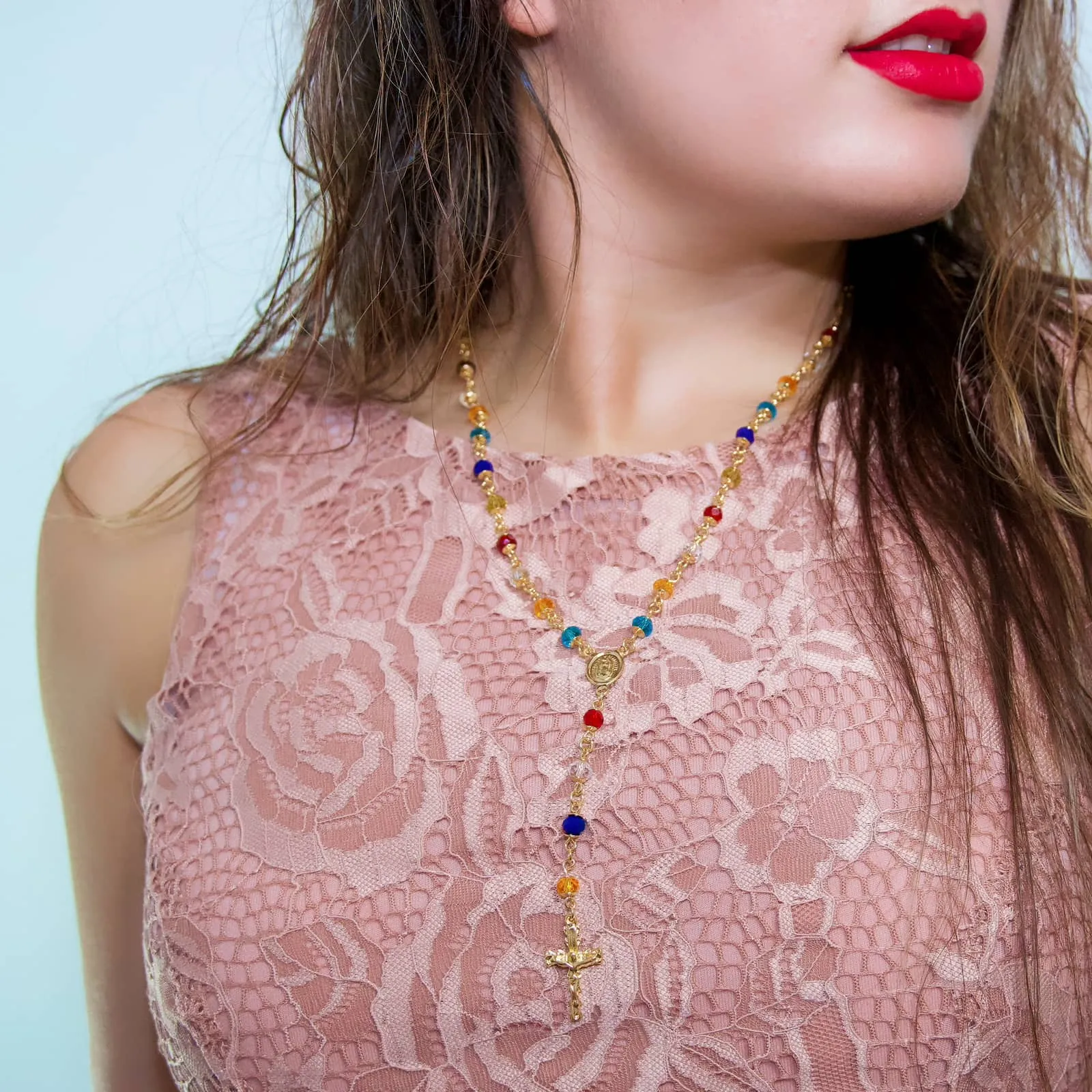 ROSARY NECKLACE with Multicolored Crystal Beads Crucifix and Divine Child Medal - Rosario