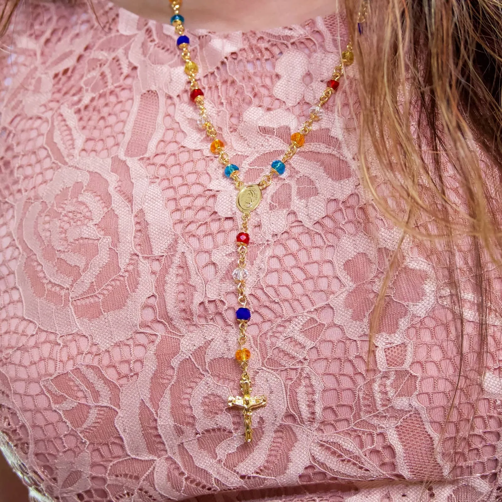ROSARY NECKLACE with Multicolored Crystal Beads Crucifix and Divine Child Medal - Rosario