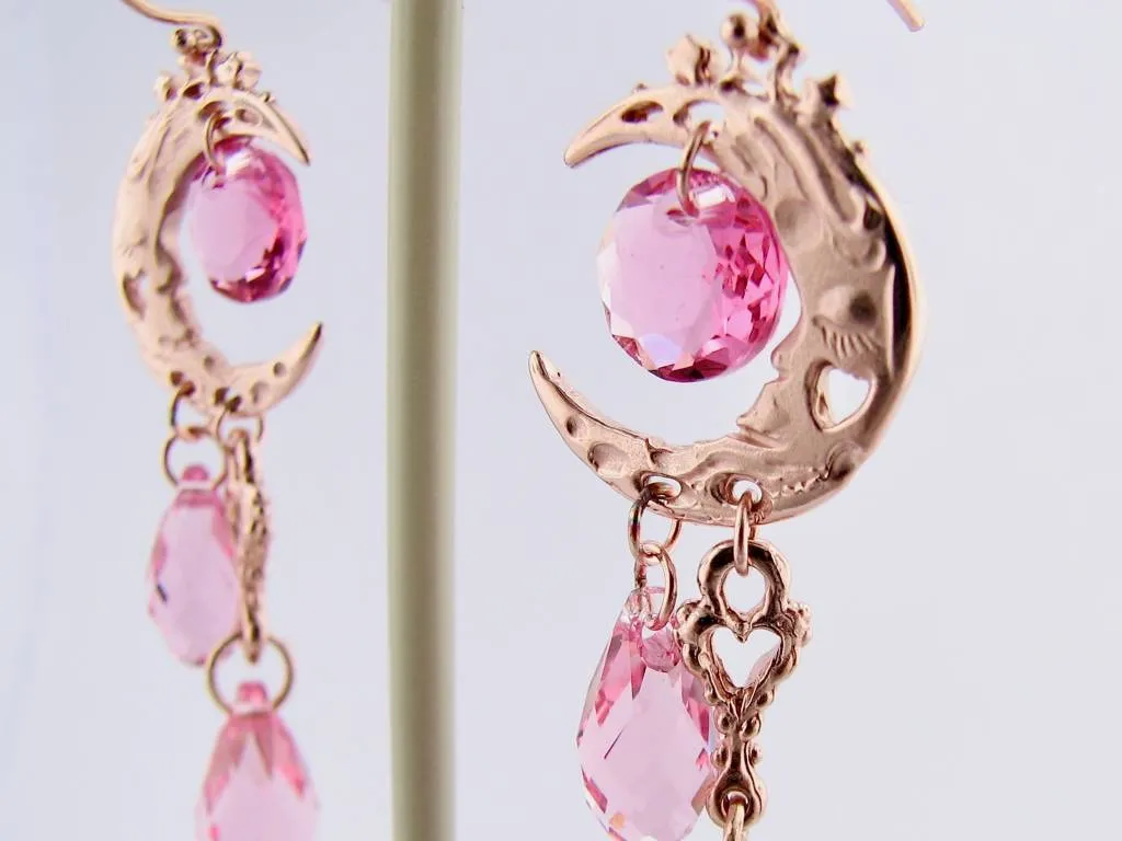 Rose Gold Crystal Dangle Earrings, Pink Moon