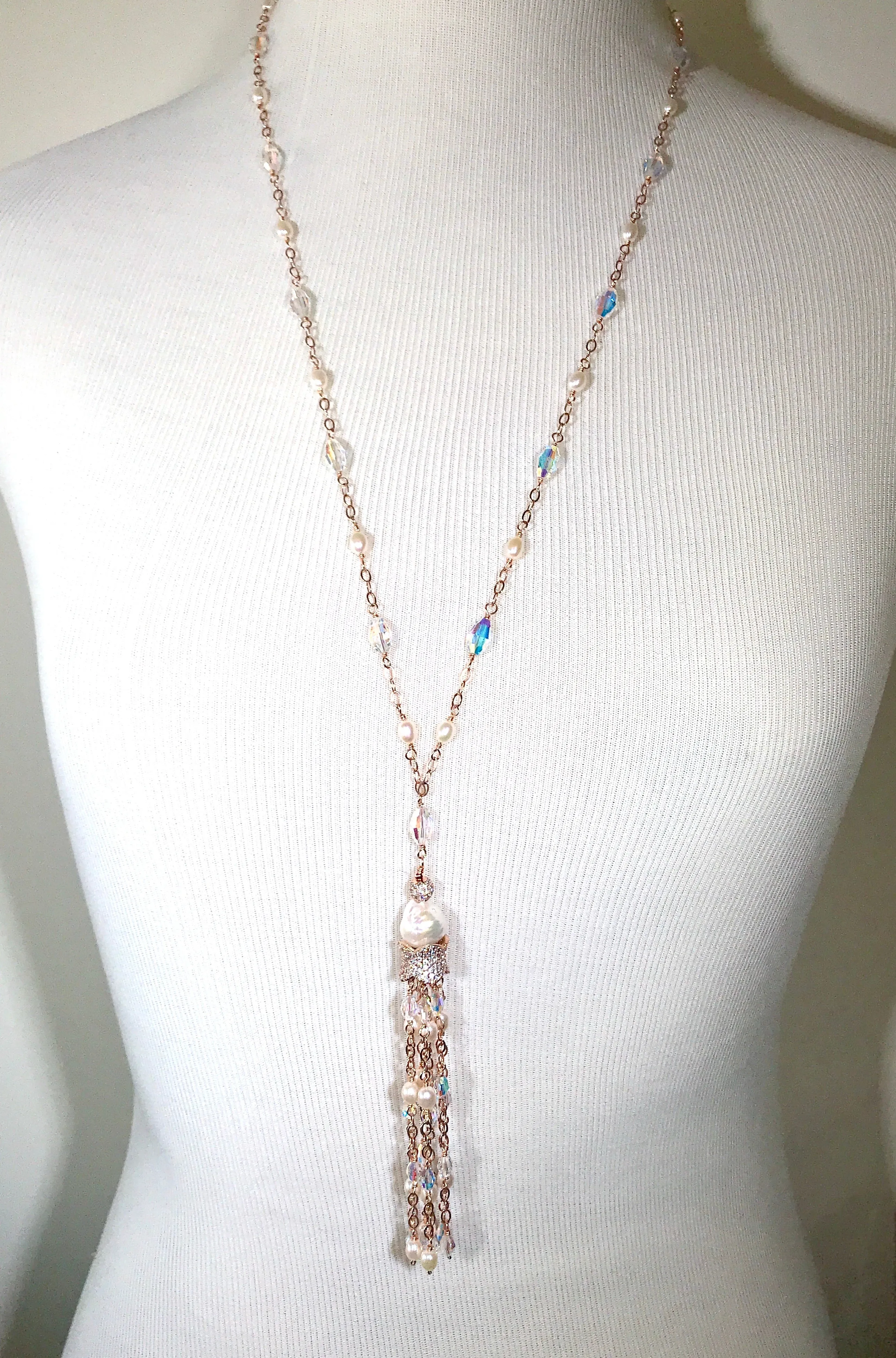 Rose Gold, Pearl and Crystal Tassel Necklace