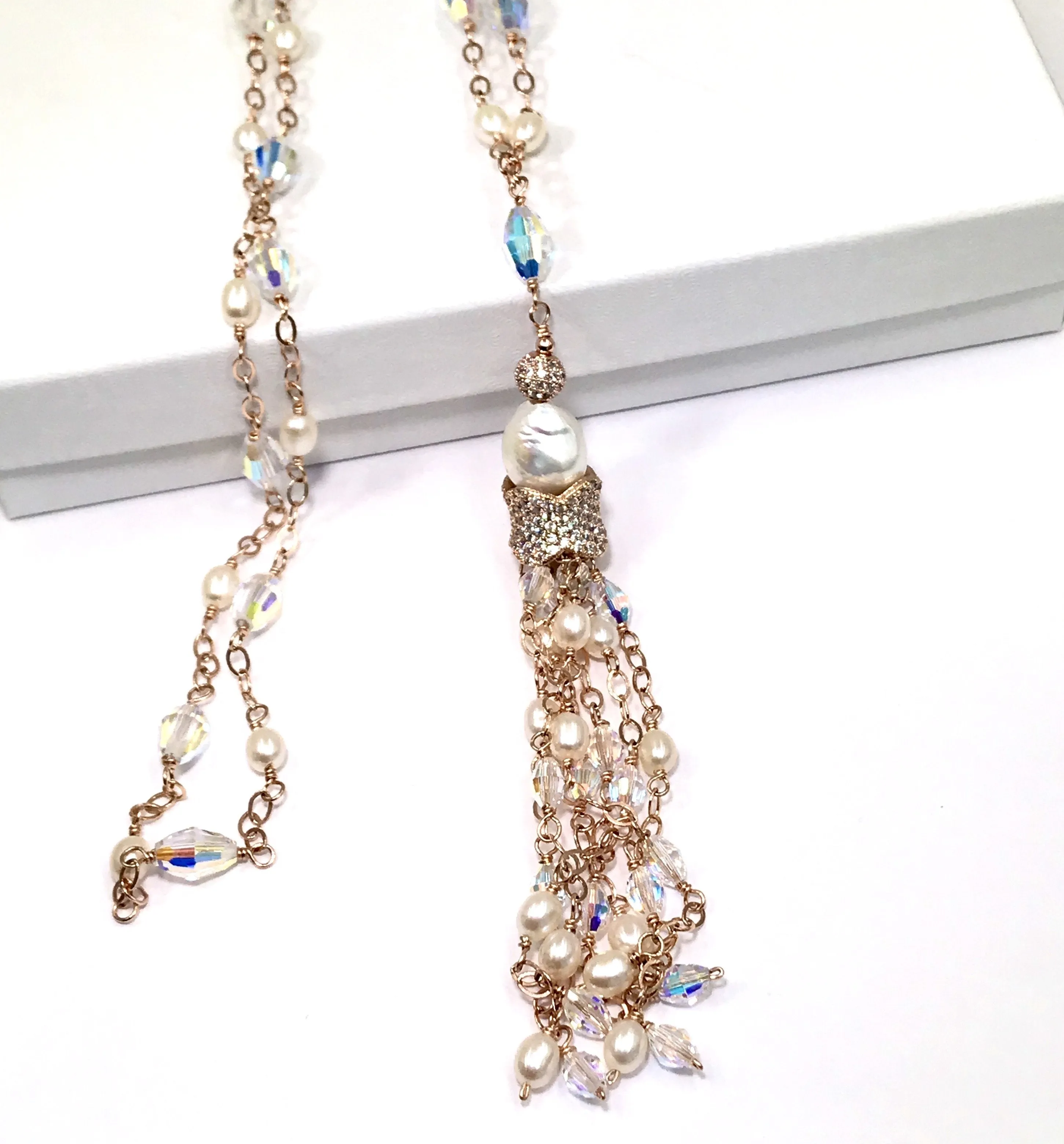 Rose Gold, Pearl and Crystal Tassel Necklace