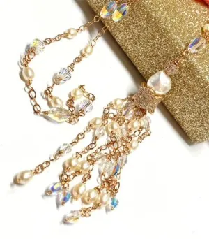 Rose Gold, Pearl and Crystal Tassel Necklace