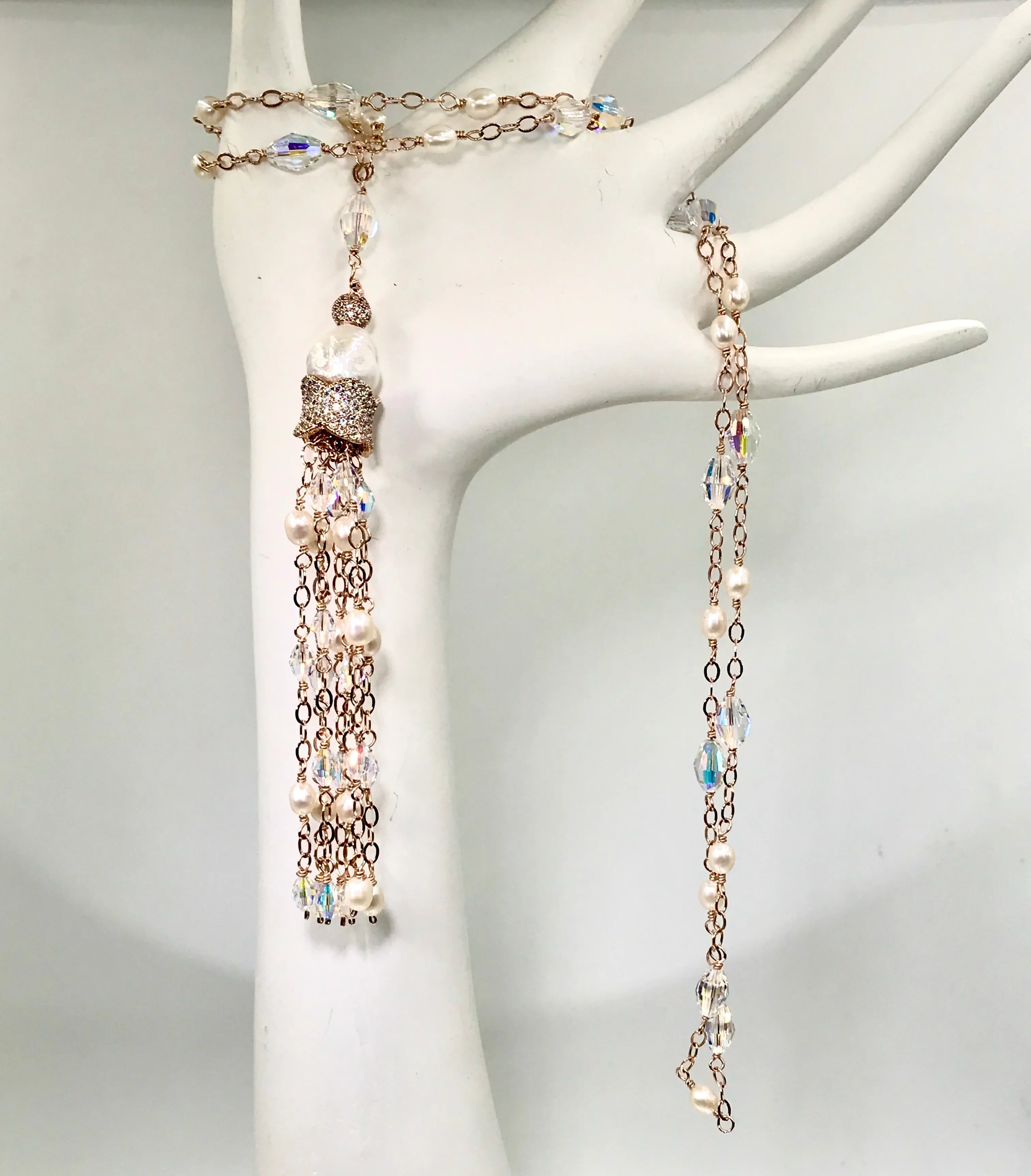 Rose Gold, Pearl and Crystal Tassel Necklace