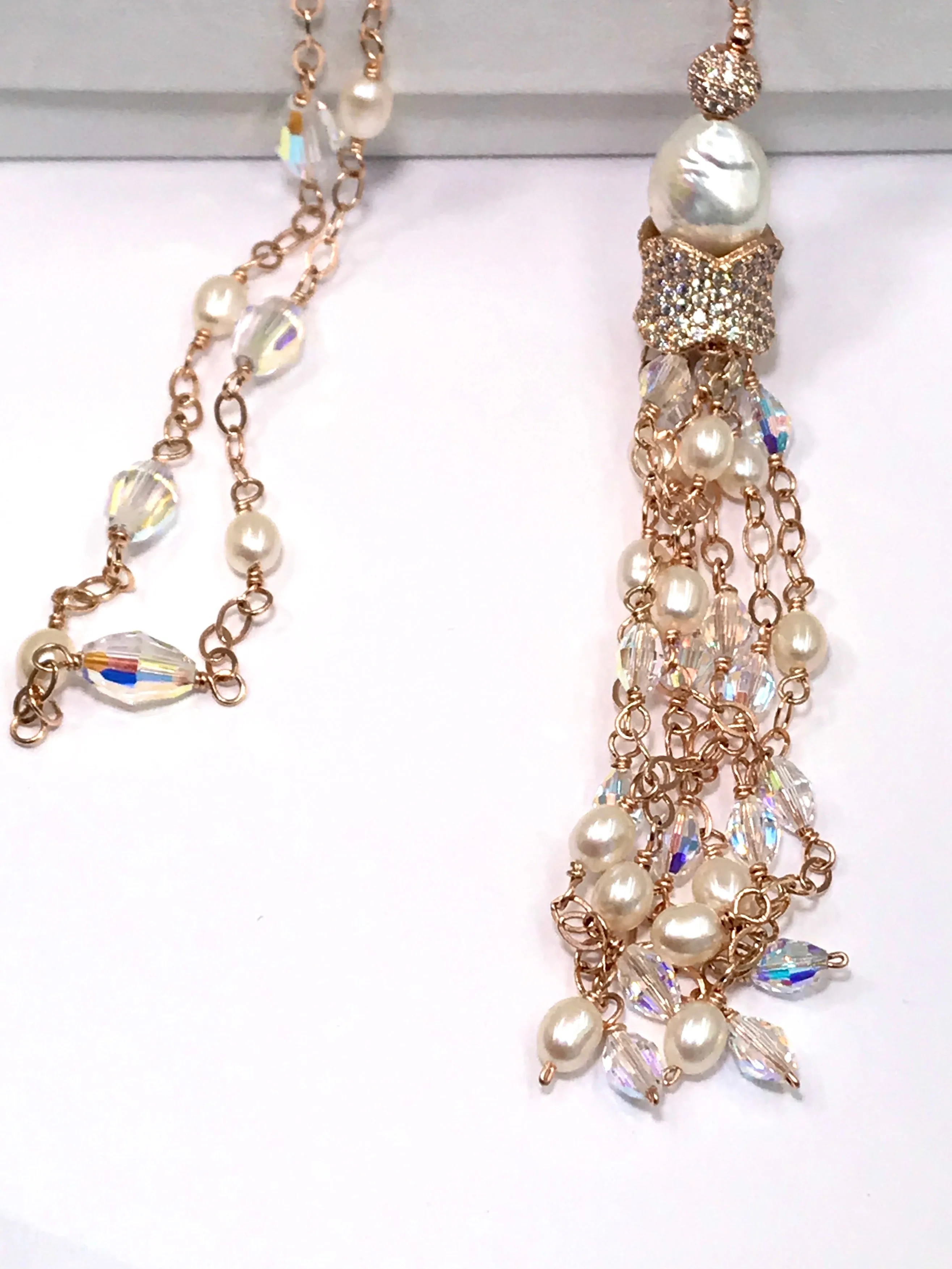 Rose Gold, Pearl and Crystal Tassel Necklace