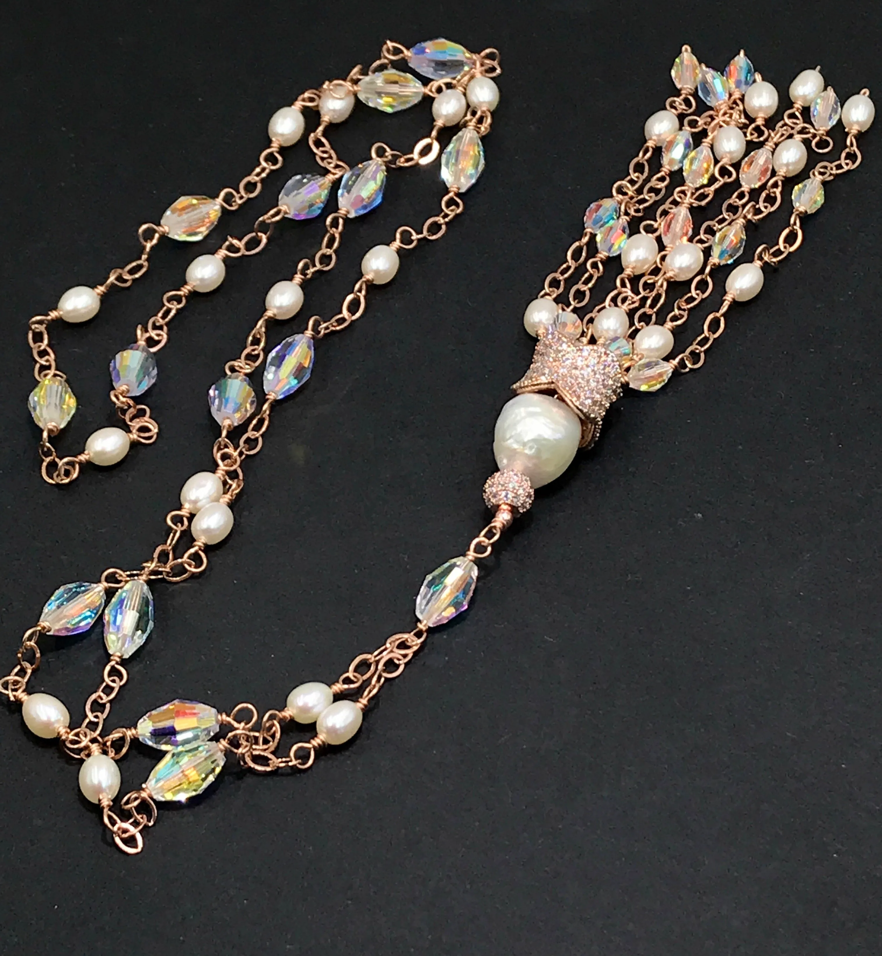Rose Gold, Pearl and Crystal Tassel Necklace