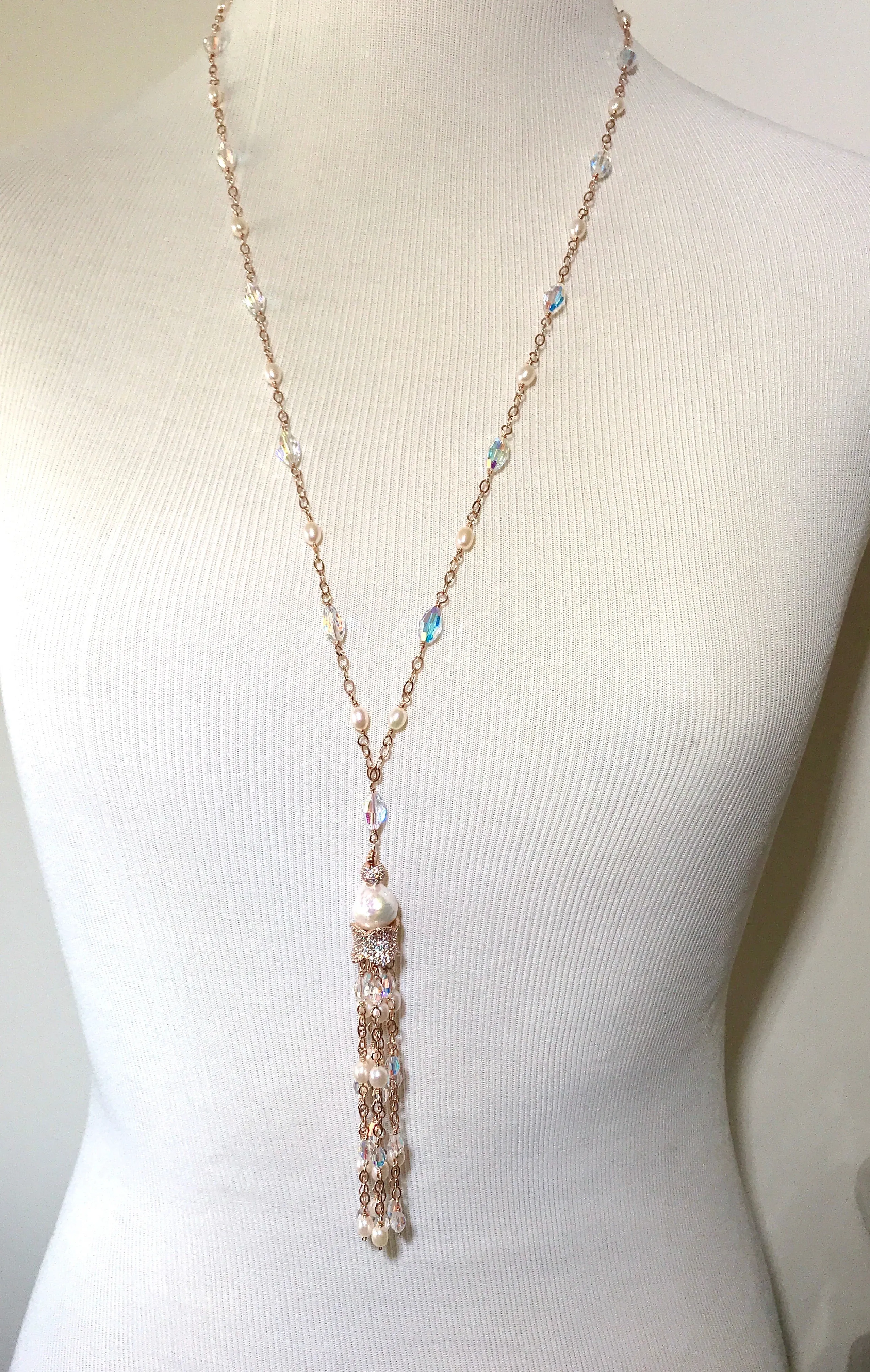 Rose Gold, Pearl and Crystal Tassel Necklace