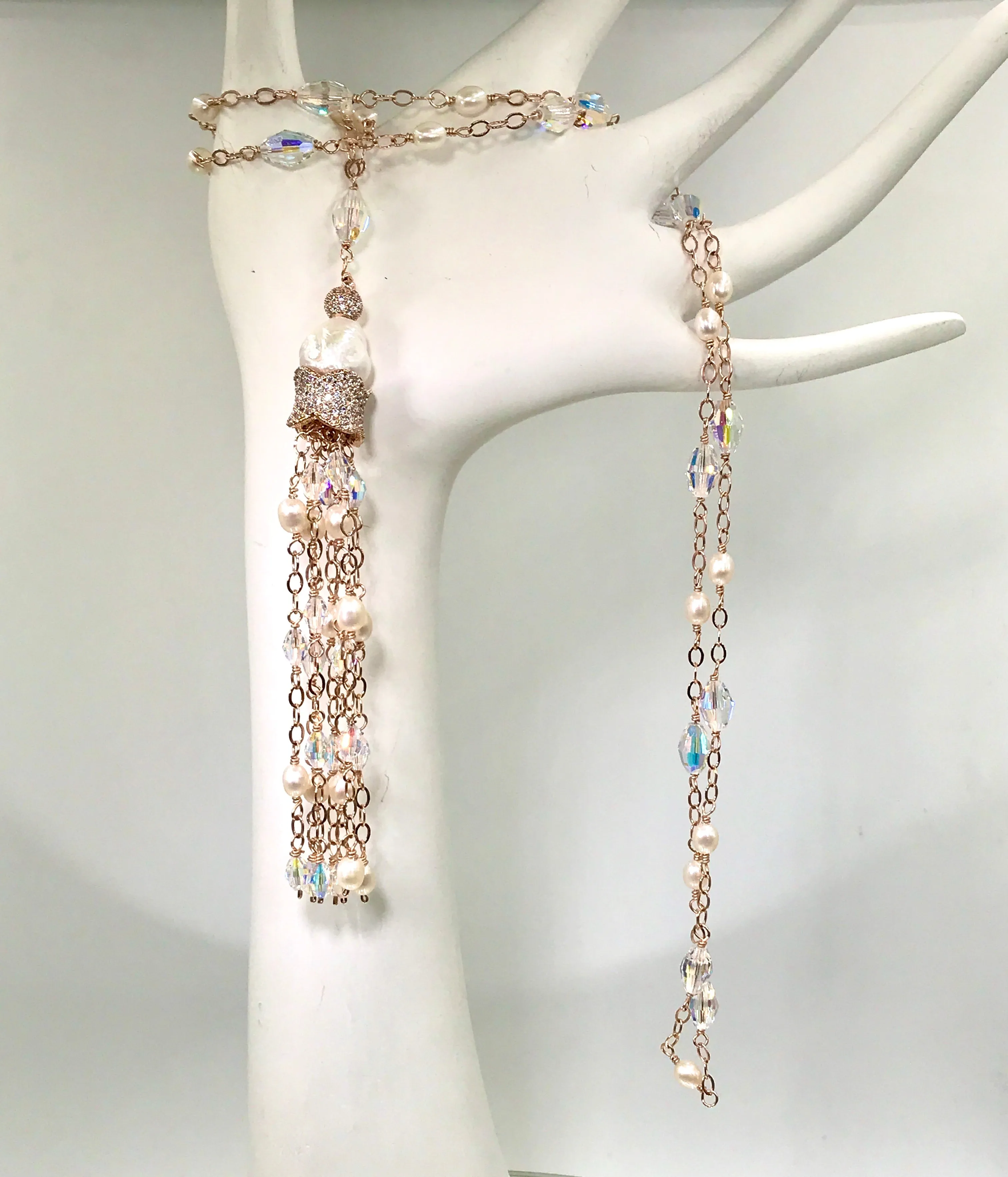 Rose Gold, Pearl and Crystal Tassel Necklace