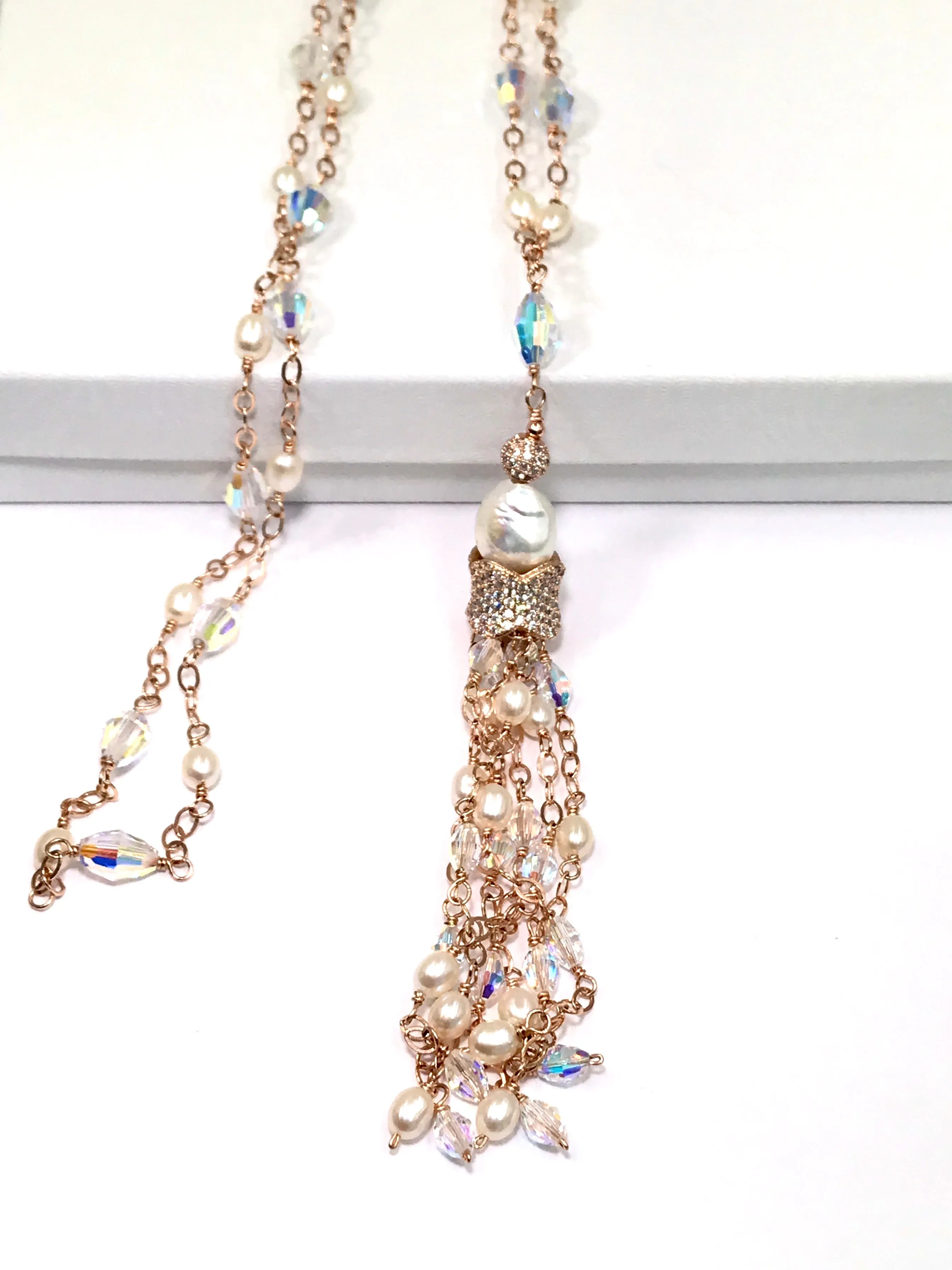 Rose Gold, Pearl and Crystal Tassel Necklace