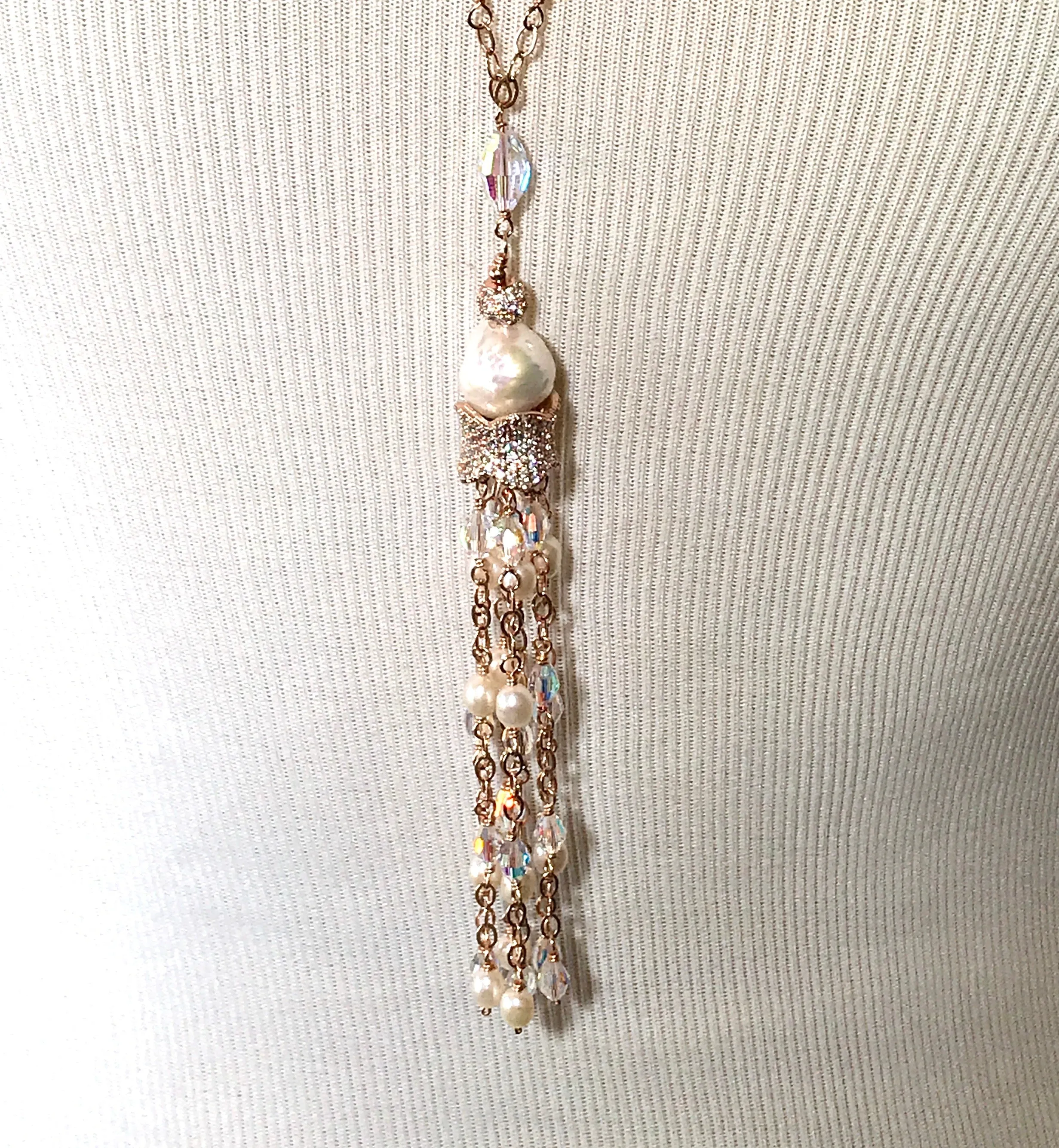 Rose Gold, Pearl and Crystal Tassel Necklace