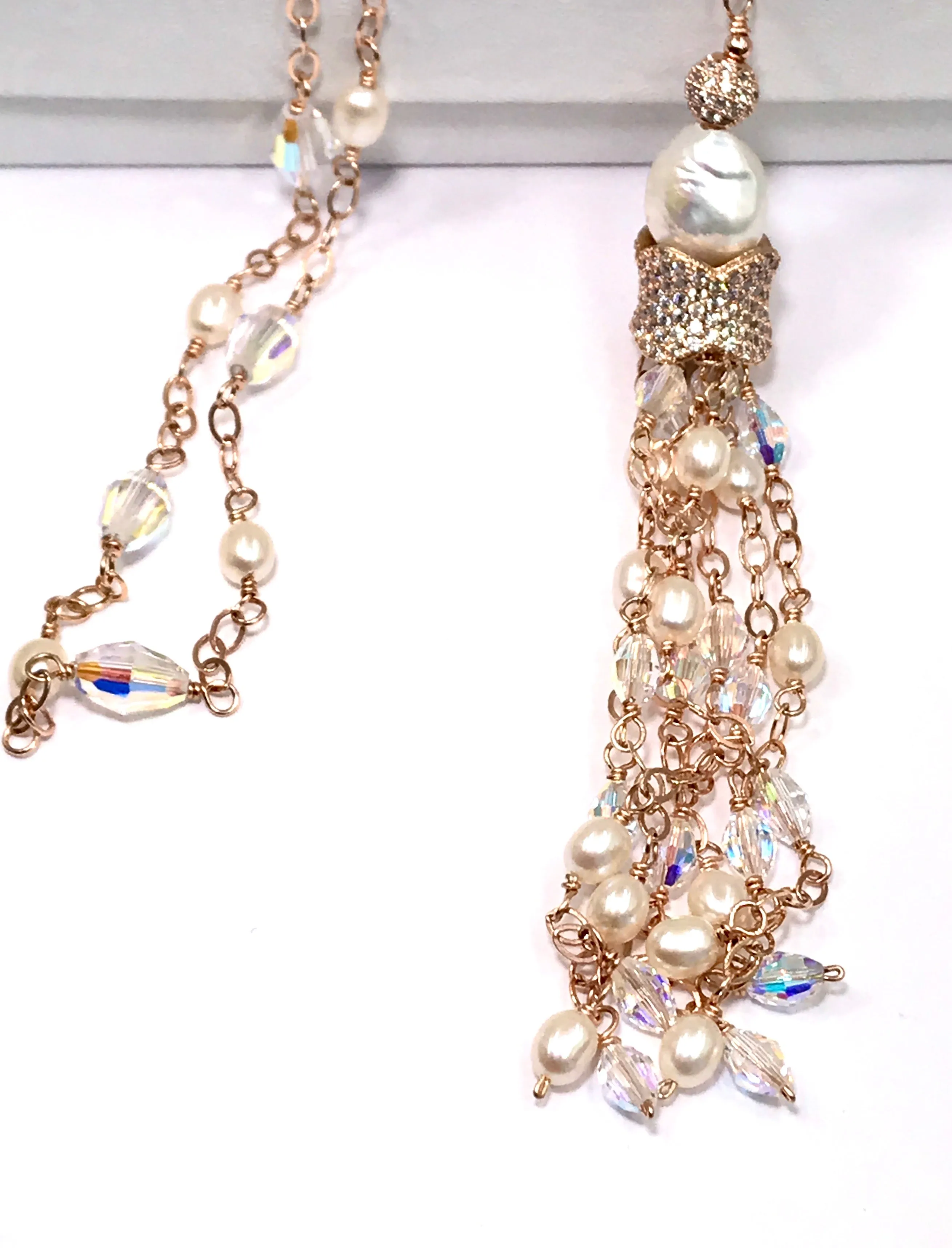 Rose Gold, Pearl and Crystal Tassel Necklace