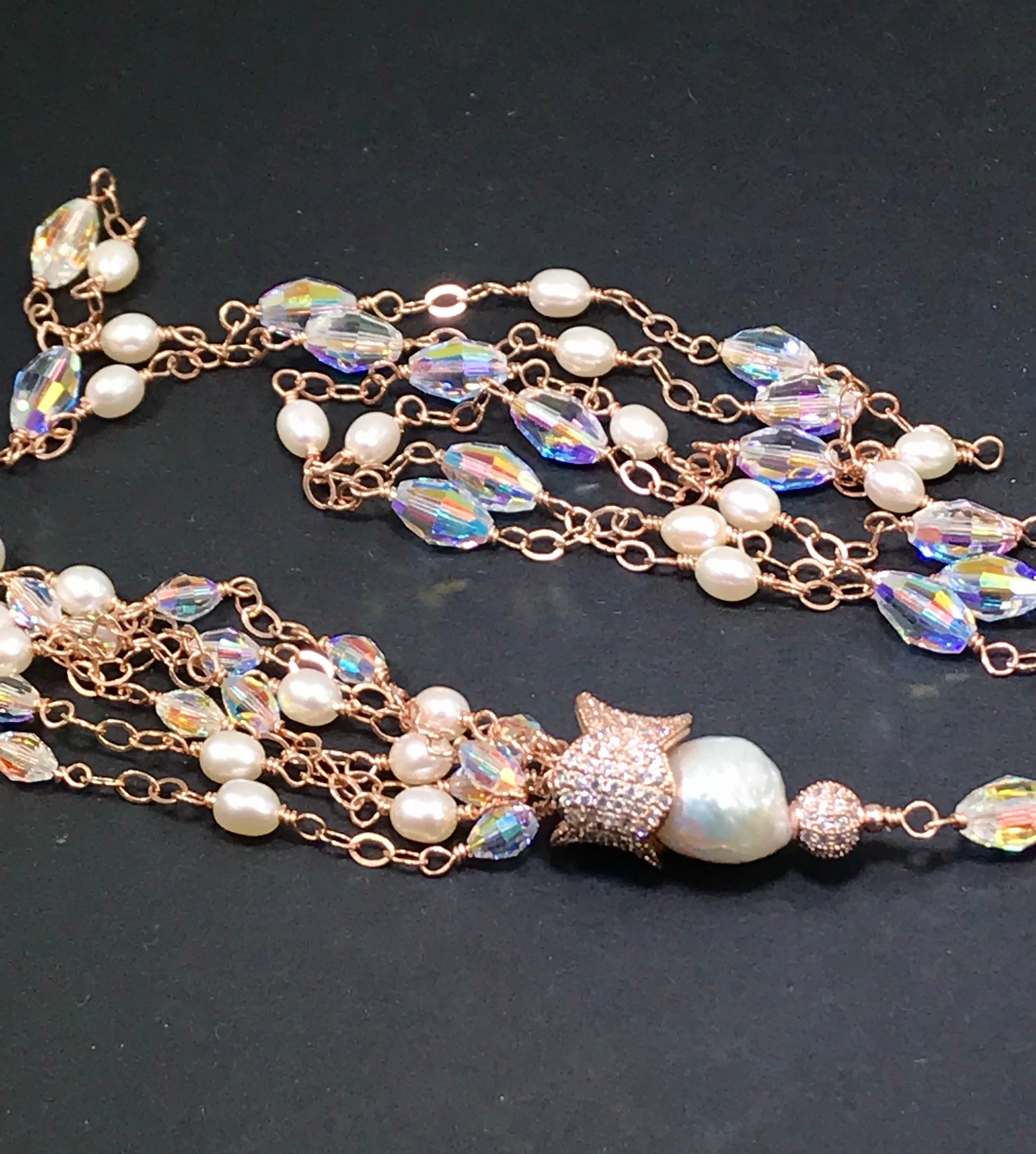Rose Gold, Pearl and Crystal Tassel Necklace