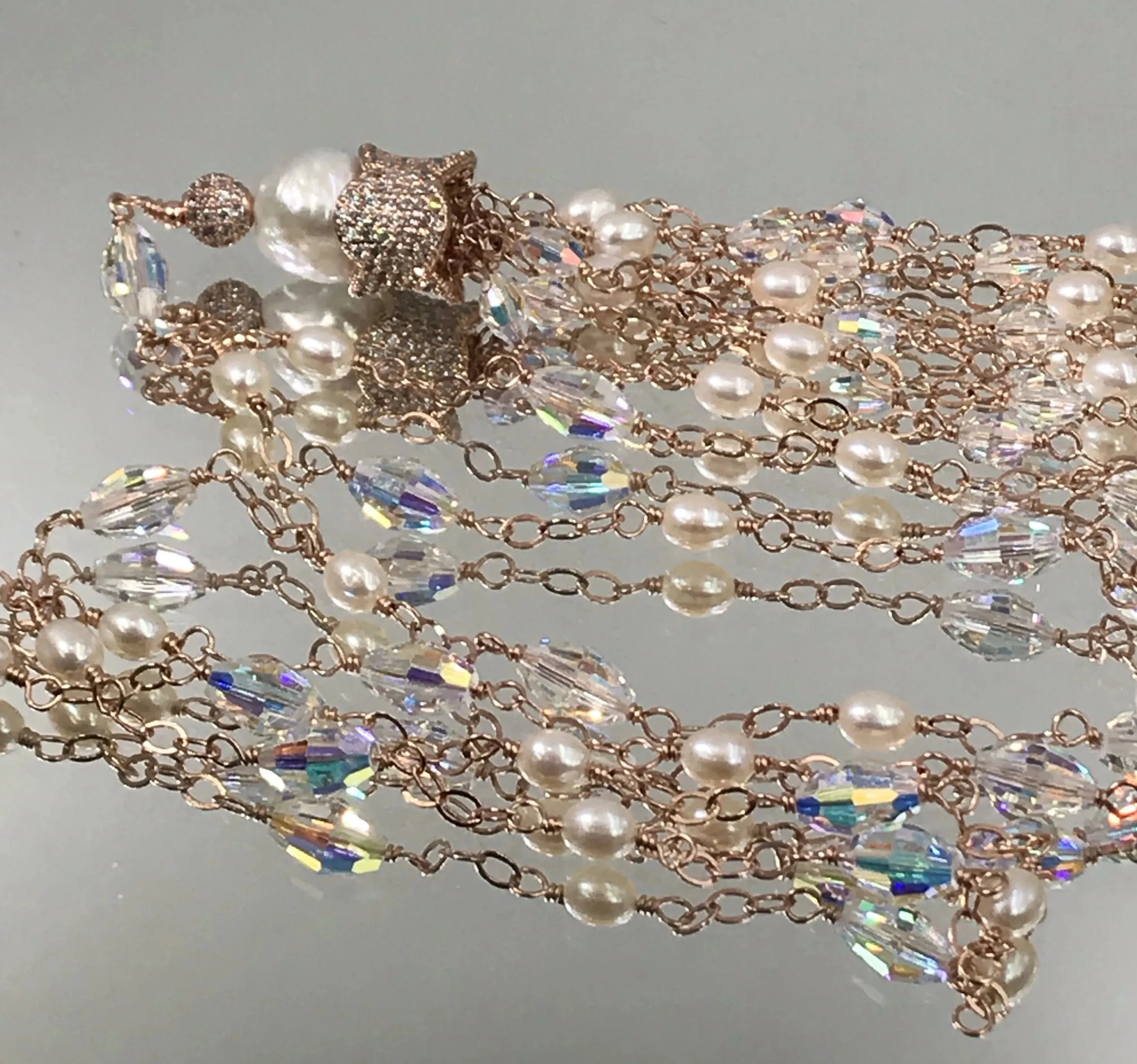 Rose Gold, Pearl and Crystal Tassel Necklace