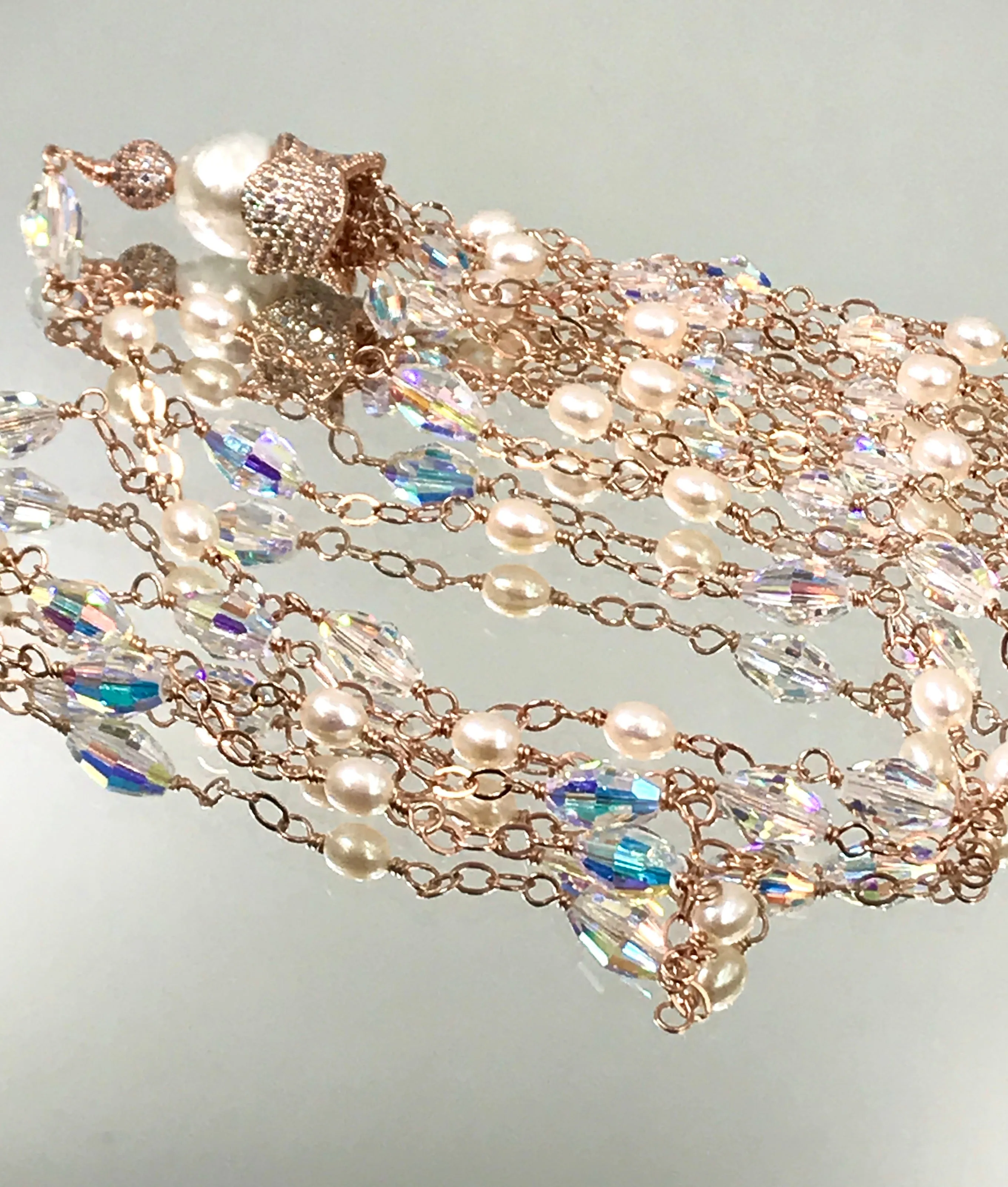 Rose Gold, Pearl and Crystal Tassel Necklace