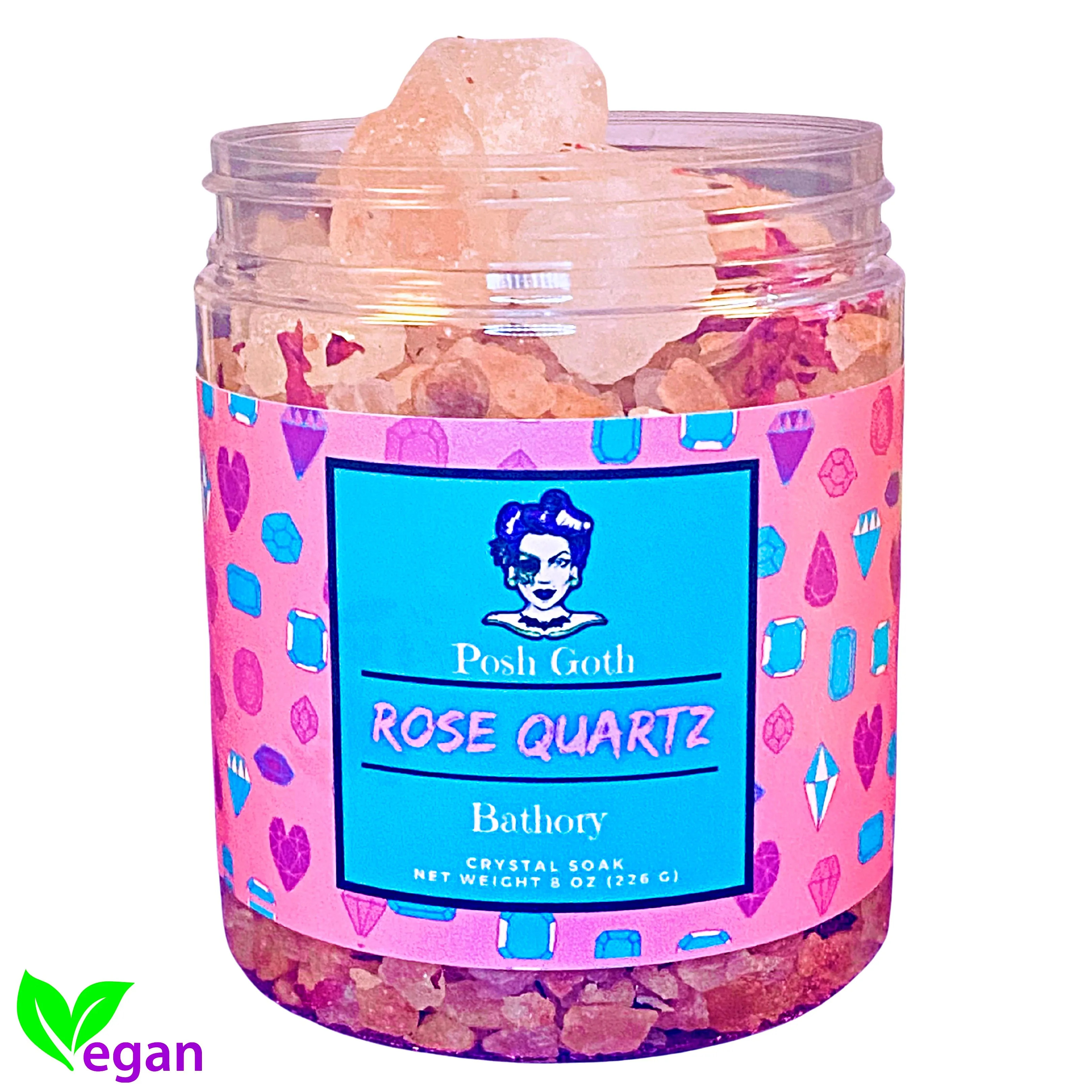 ROSE QUARTZ 8 oz - Himalayan Salt Bath Crystals and Rose Petal Bath Soak - Posh Goth