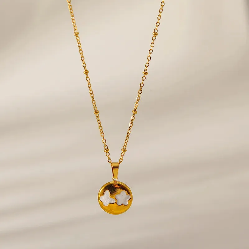 Round Star Moon 304 Stainless Steel Shell Zircon 18K Gold Plated Hollow Out Inlay Pendant Necklace