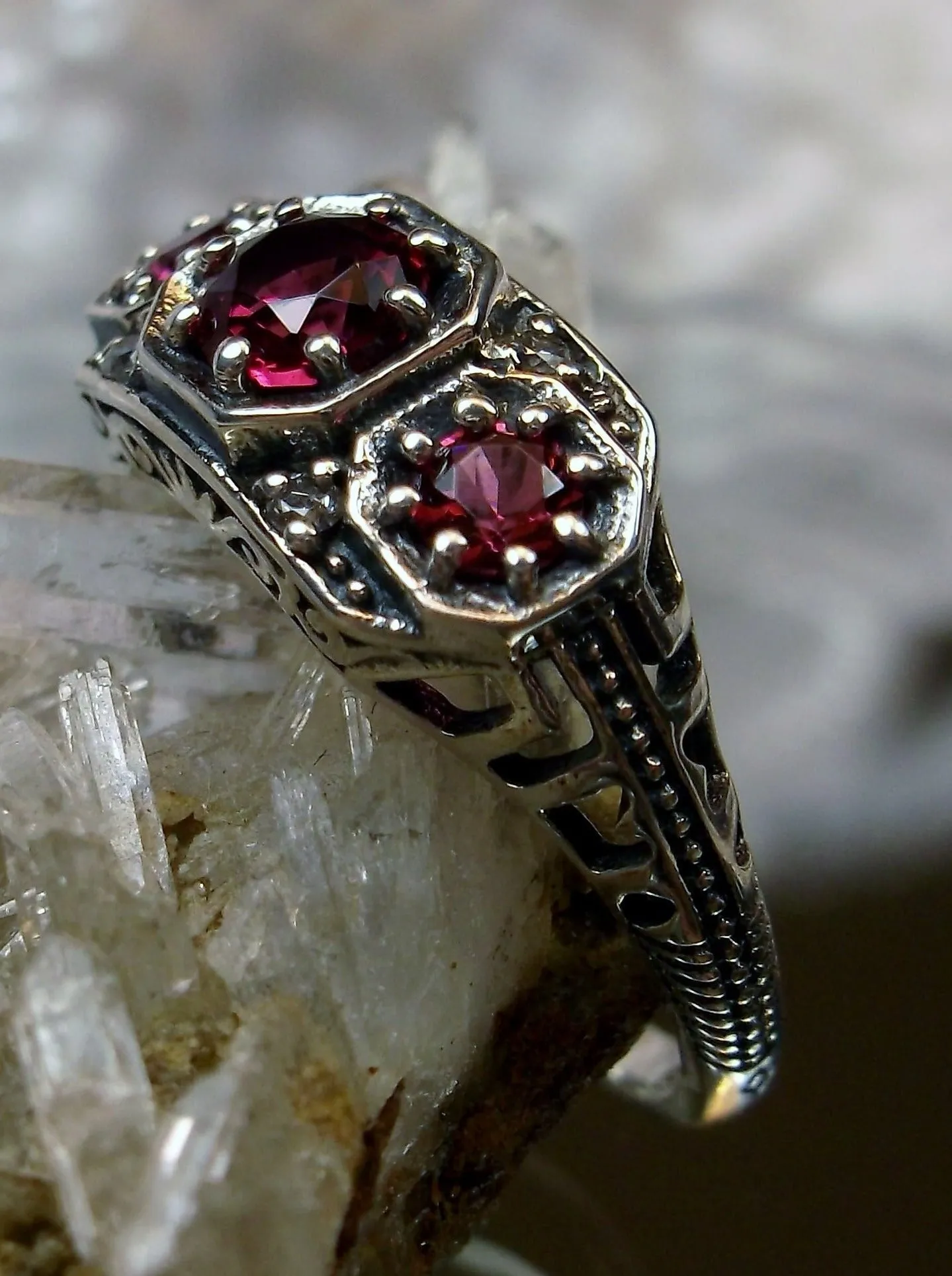 Ruby Ring Trinity Art Deco Sterling Silver #D161