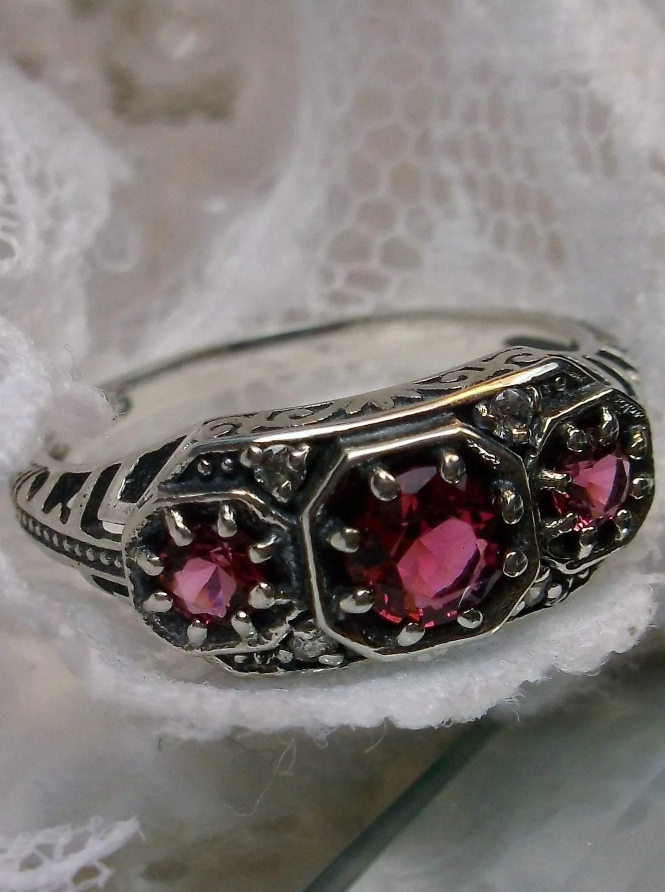 Ruby Ring Trinity Art Deco Sterling Silver #D161