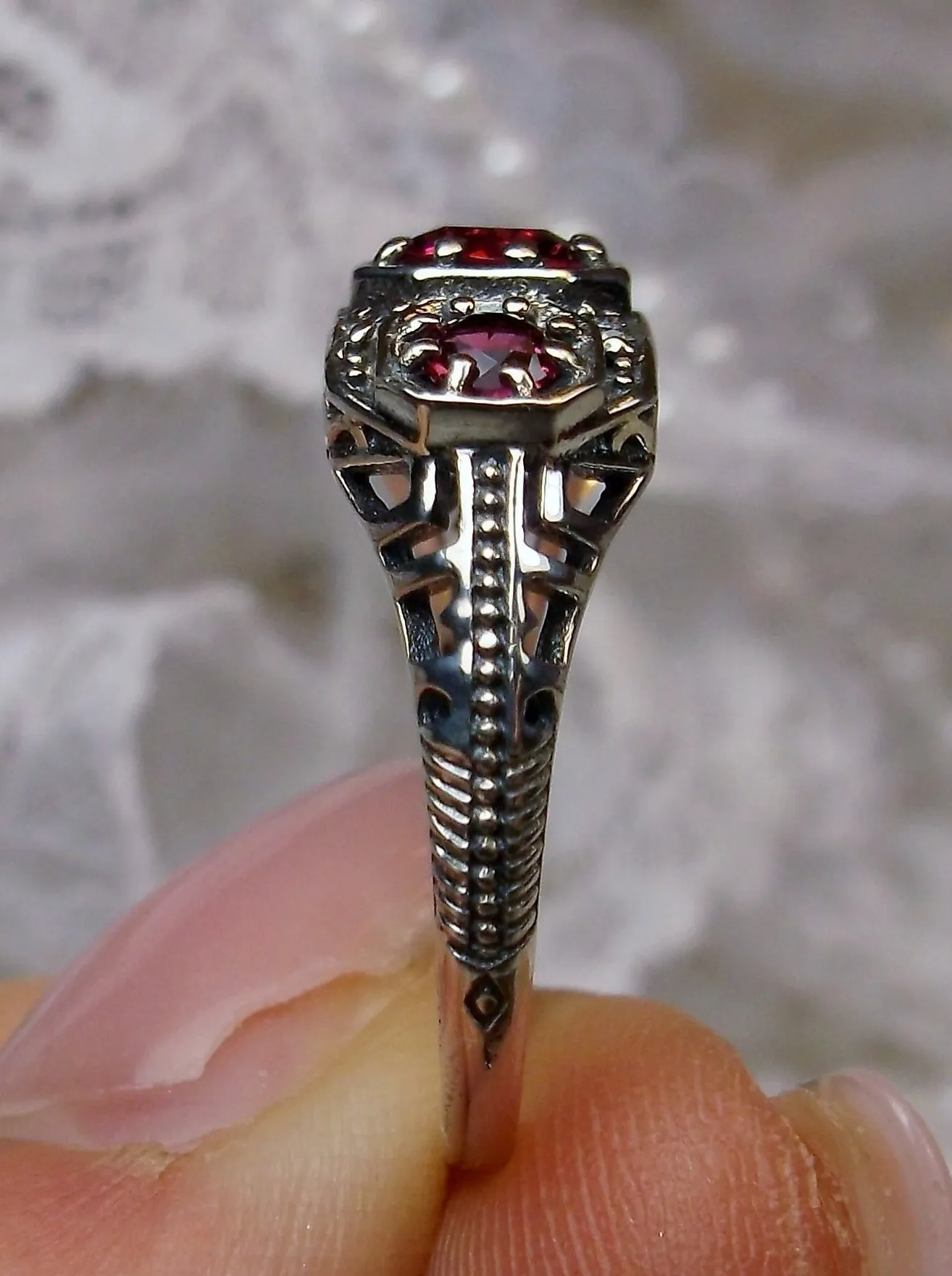 Ruby Ring Trinity Art Deco Sterling Silver #D161