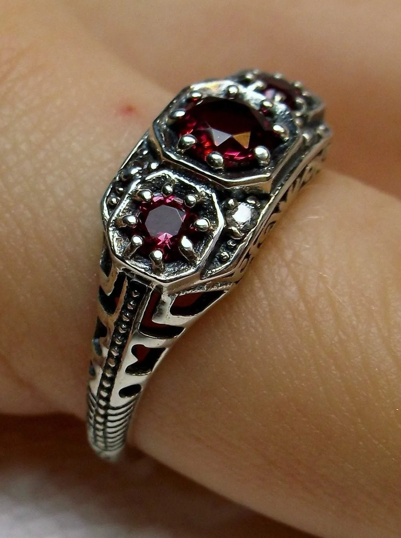 Ruby Ring Trinity Art Deco Sterling Silver #D161