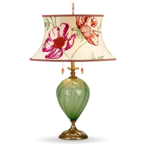 Sara Table Lamp 210Ai109 Embroidered Linen Floral Rose Green and Cream Shade Green Blown Glass Base by Kinzig Design