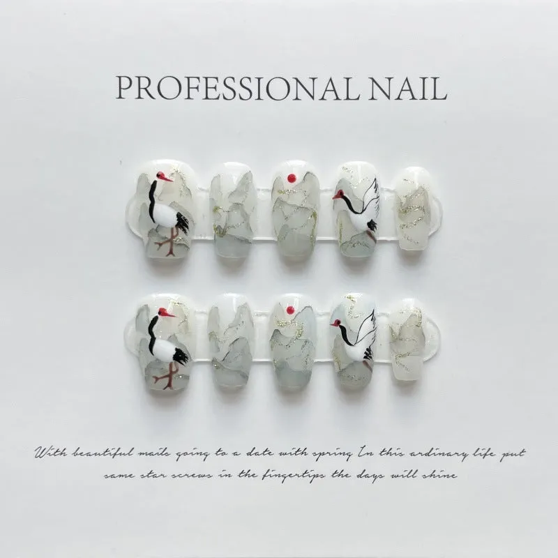 Serene Crane Peaks – Mystical Gray Elegance with Artistic Grace