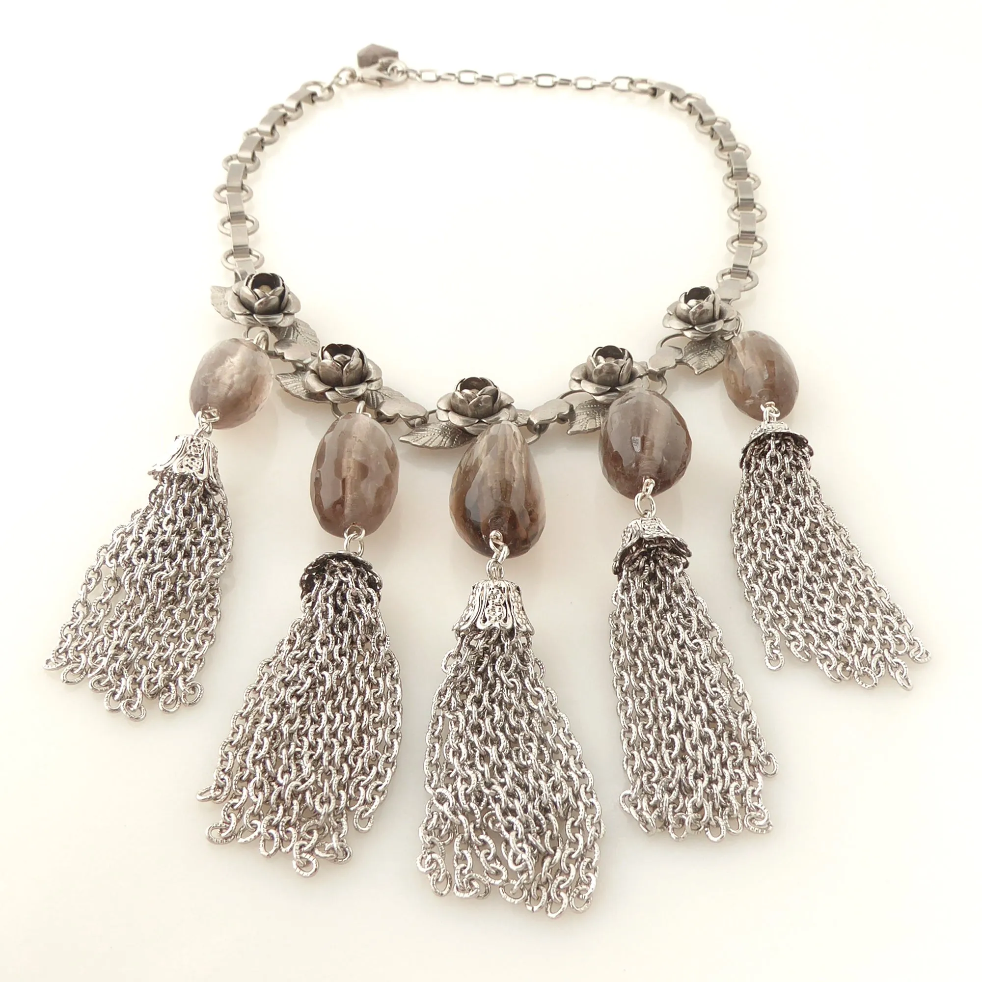 Silver rose tassel necklace