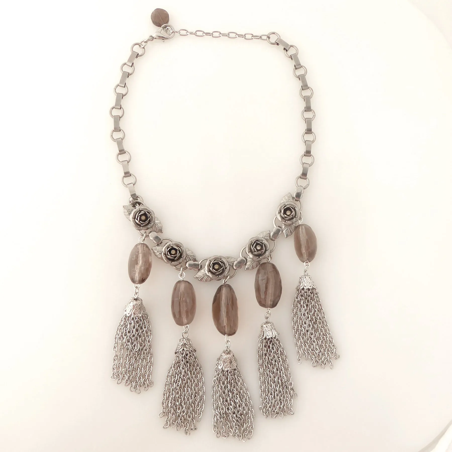 Silver rose tassel necklace