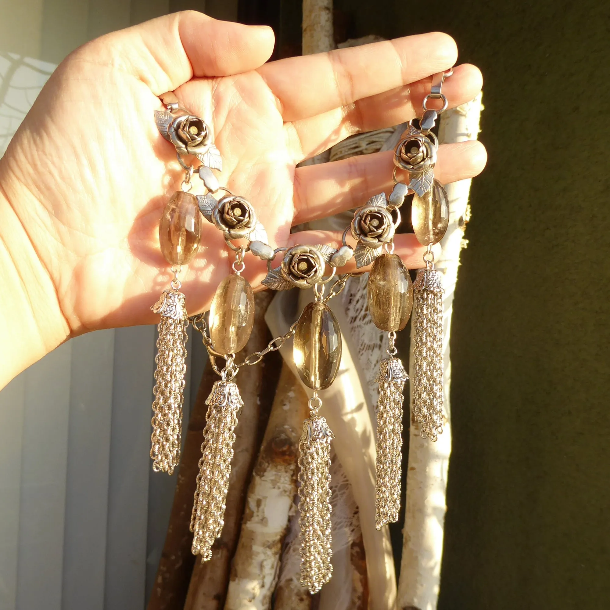 Silver rose tassel necklace