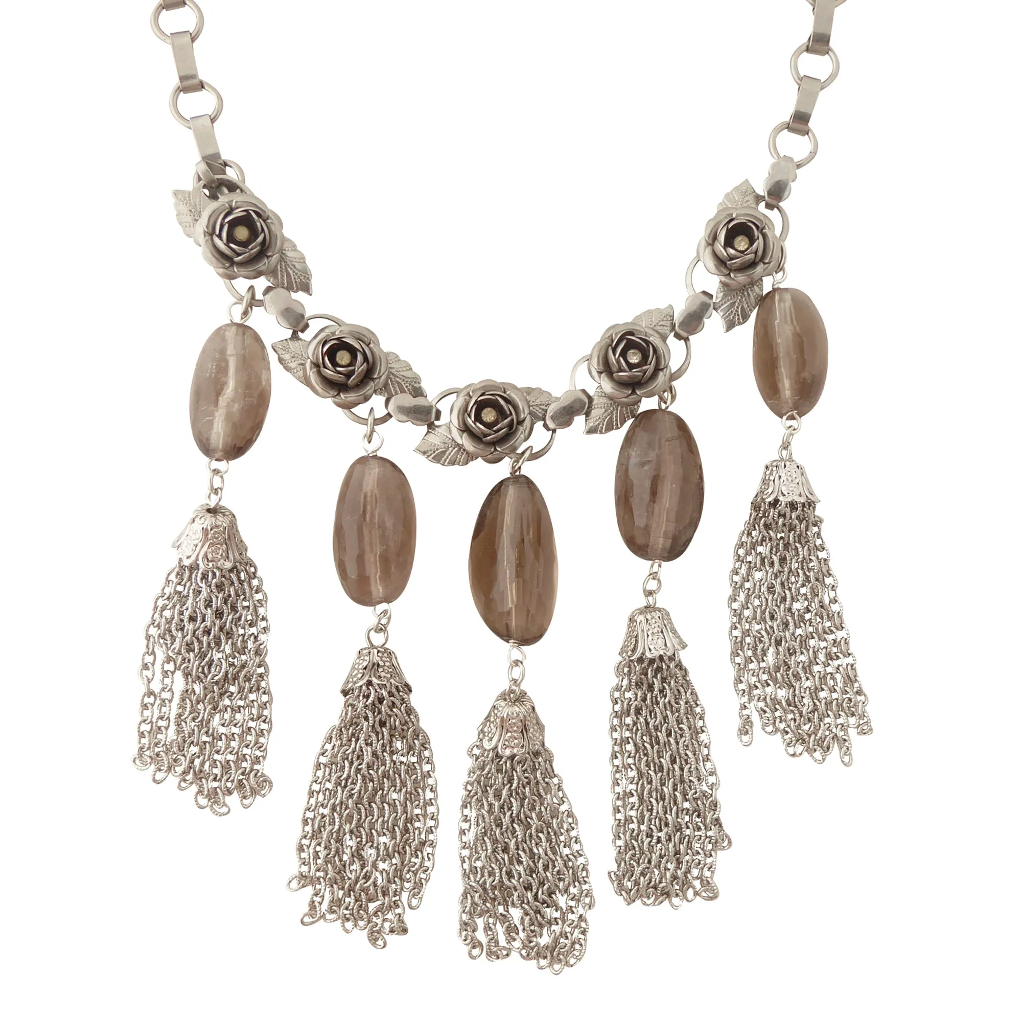 Silver rose tassel necklace