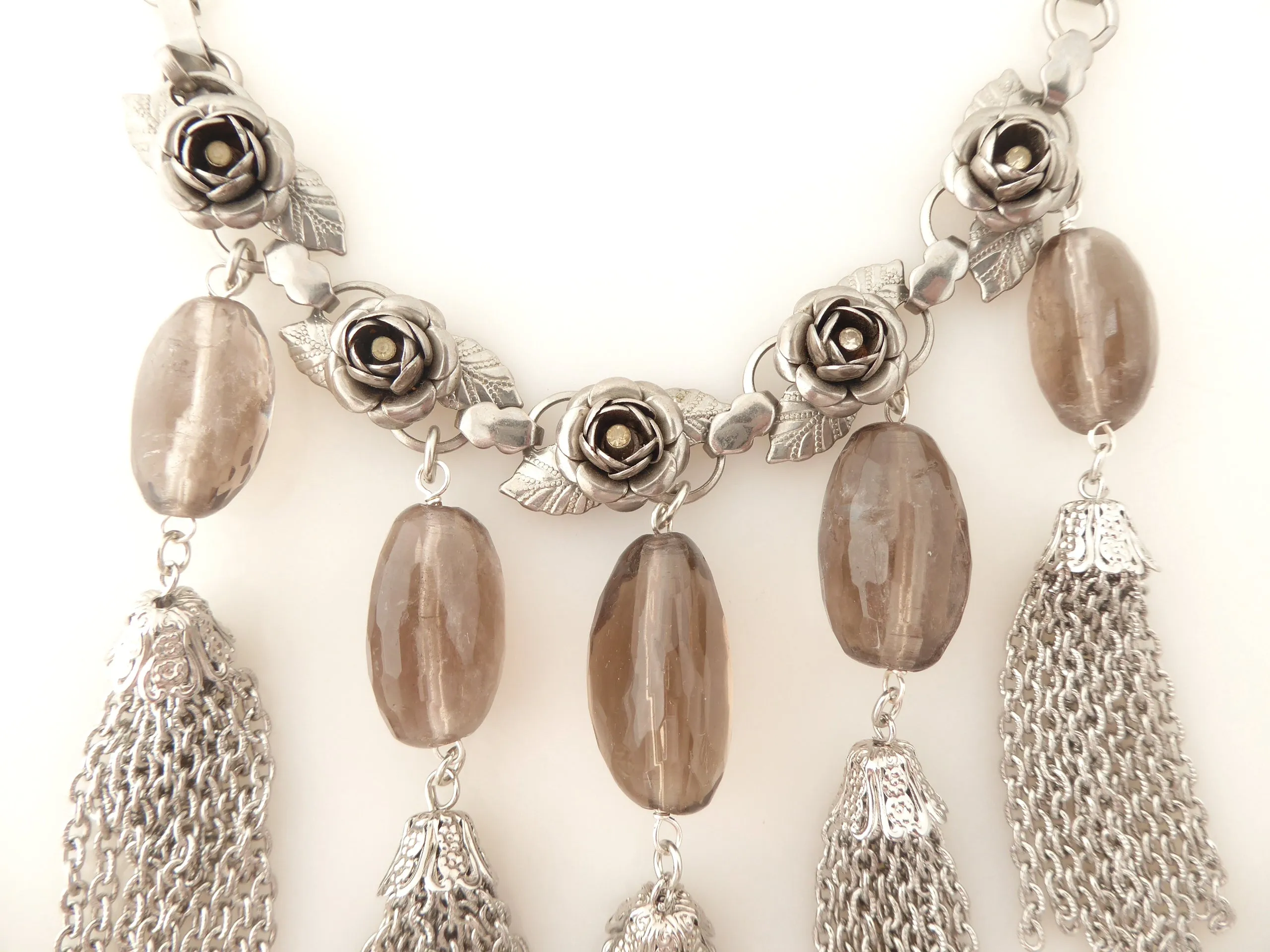 Silver rose tassel necklace