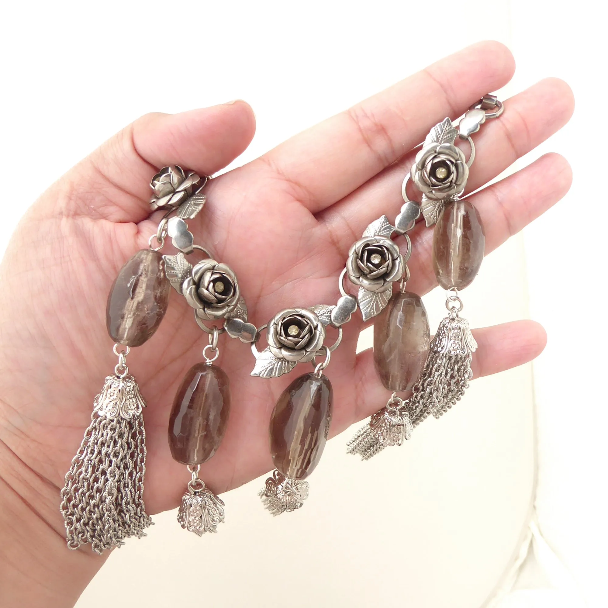 Silver rose tassel necklace