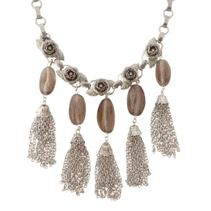 Silver rose tassel necklace