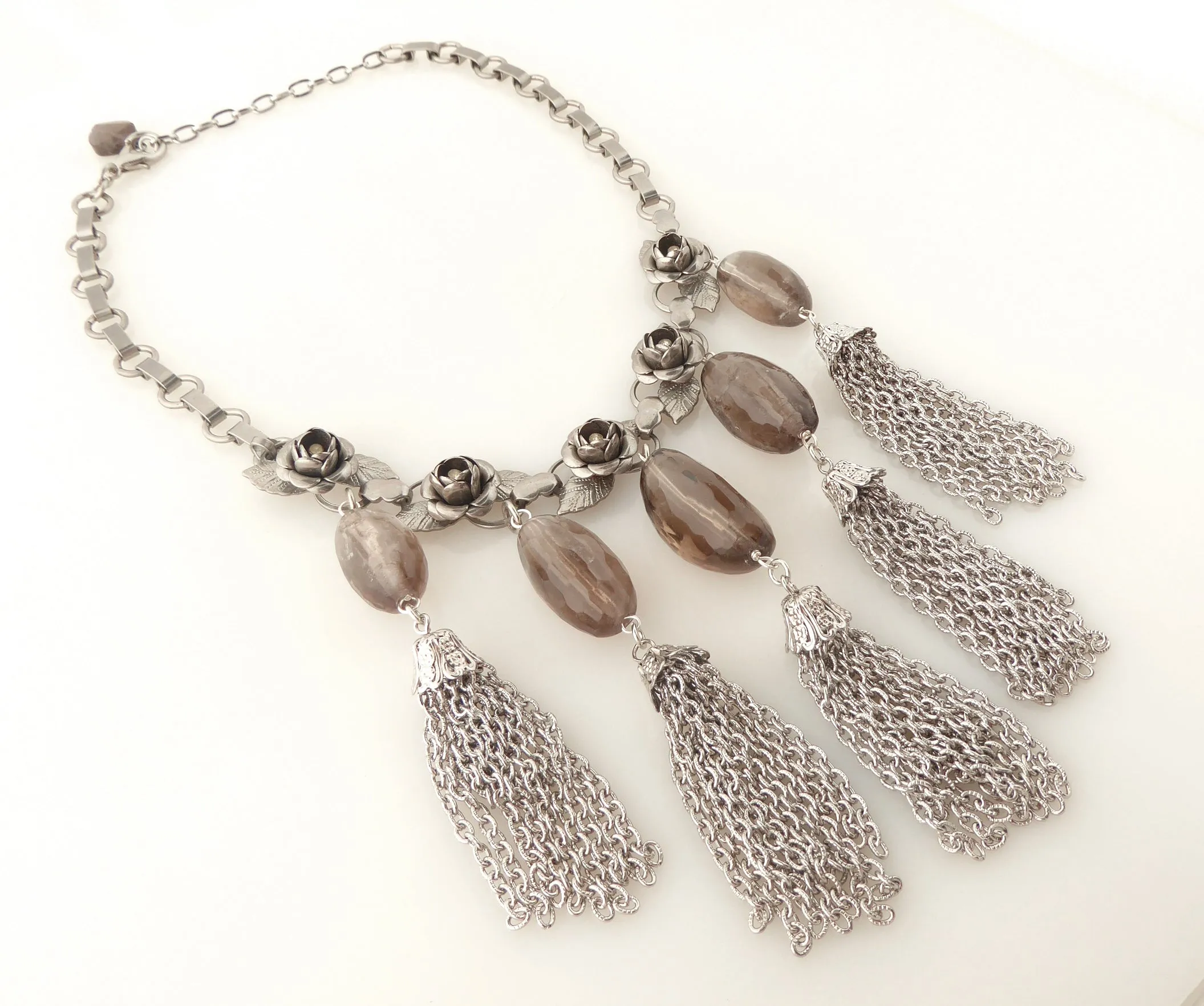 Silver rose tassel necklace