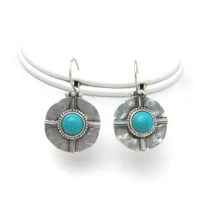 SILVER TURQUOISE EMBOSSED HAMMERED EURO WIRE EARRINGS  #SE15222A_SIL-TRQ (OB14)