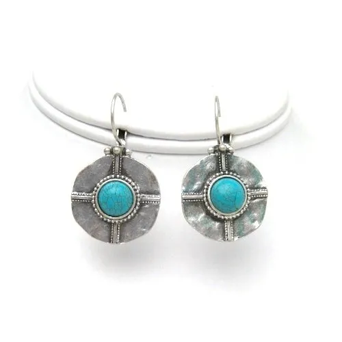 SILVER TURQUOISE EMBOSSED HAMMERED EURO WIRE EARRINGS  #SE15222A_SIL-TRQ (OB14)