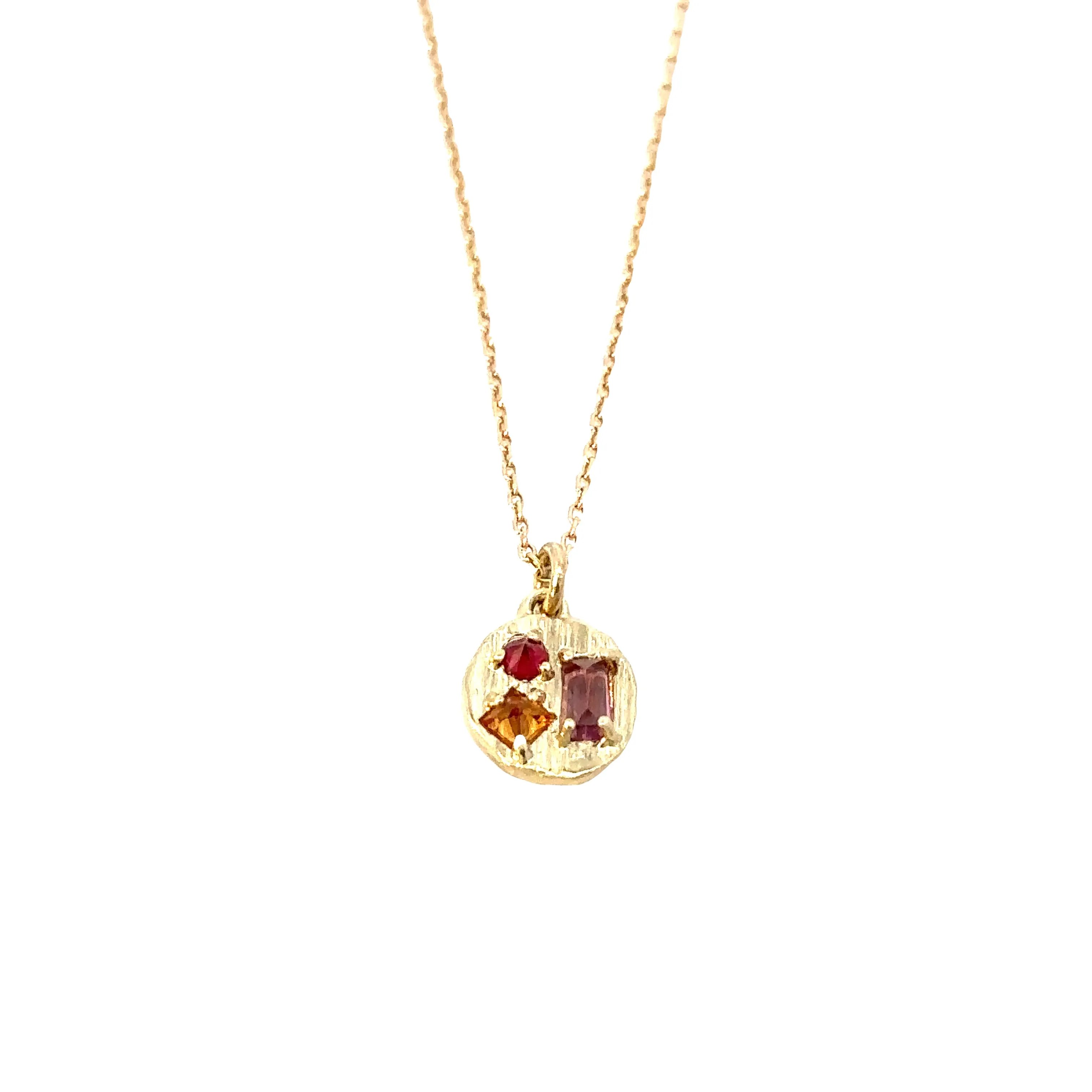 small round collage necklace - orange sapphire   pink tourmaline   ruby