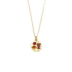 small round collage necklace - orange sapphire   pink tourmaline   ruby
